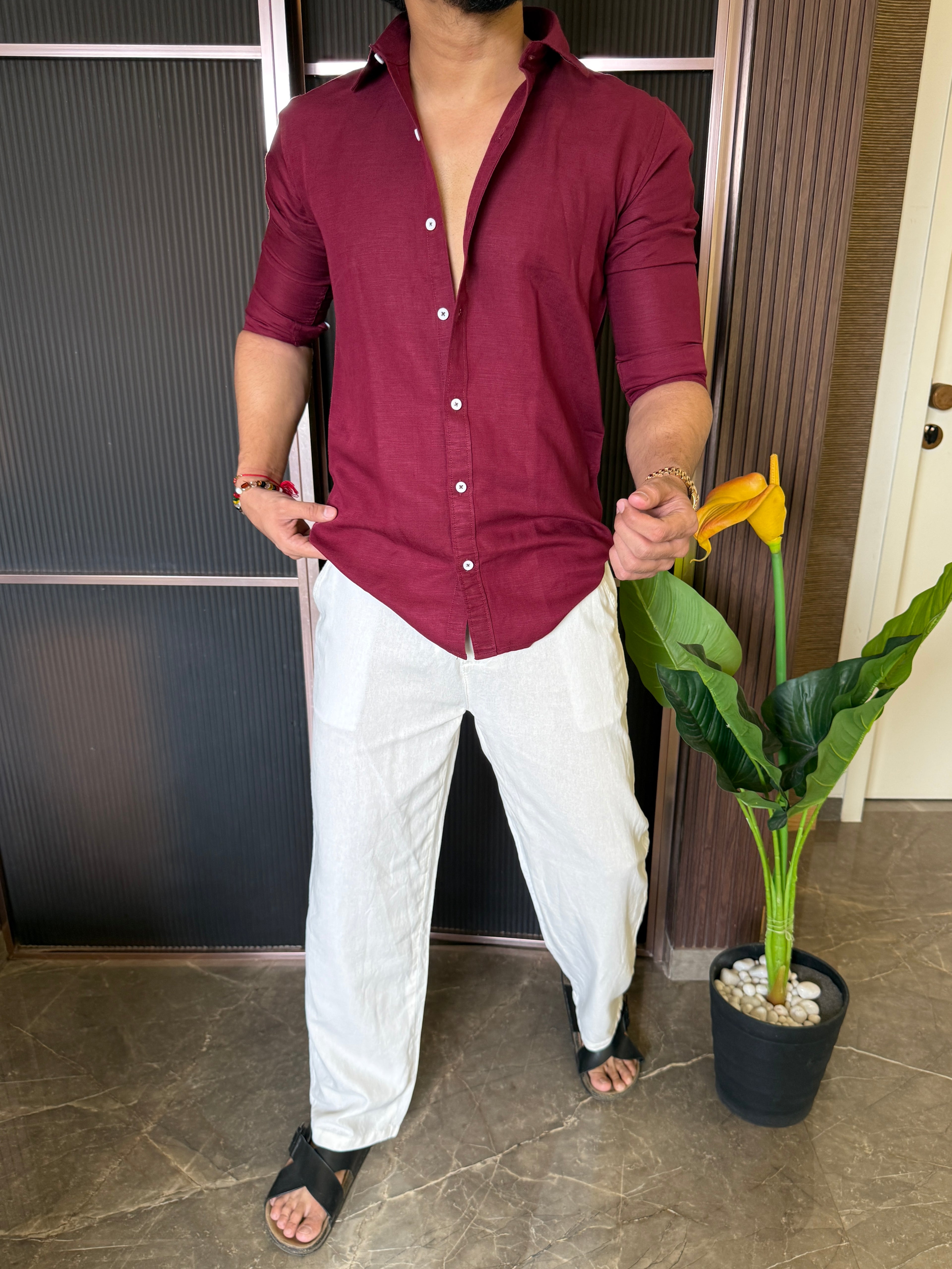 A Pure linen Maroon Full Shirt