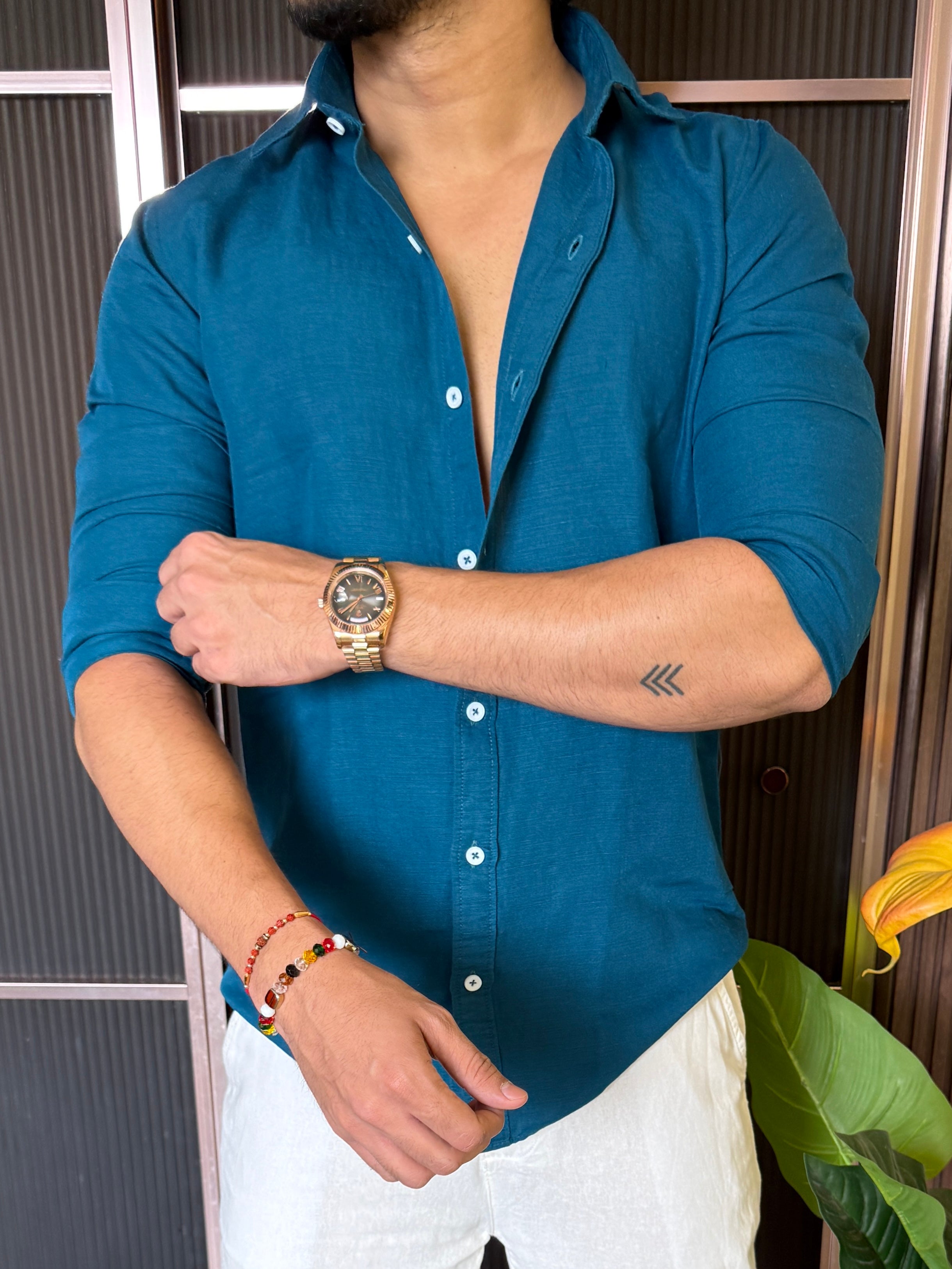 A Pure linen Turqois Full Shirt