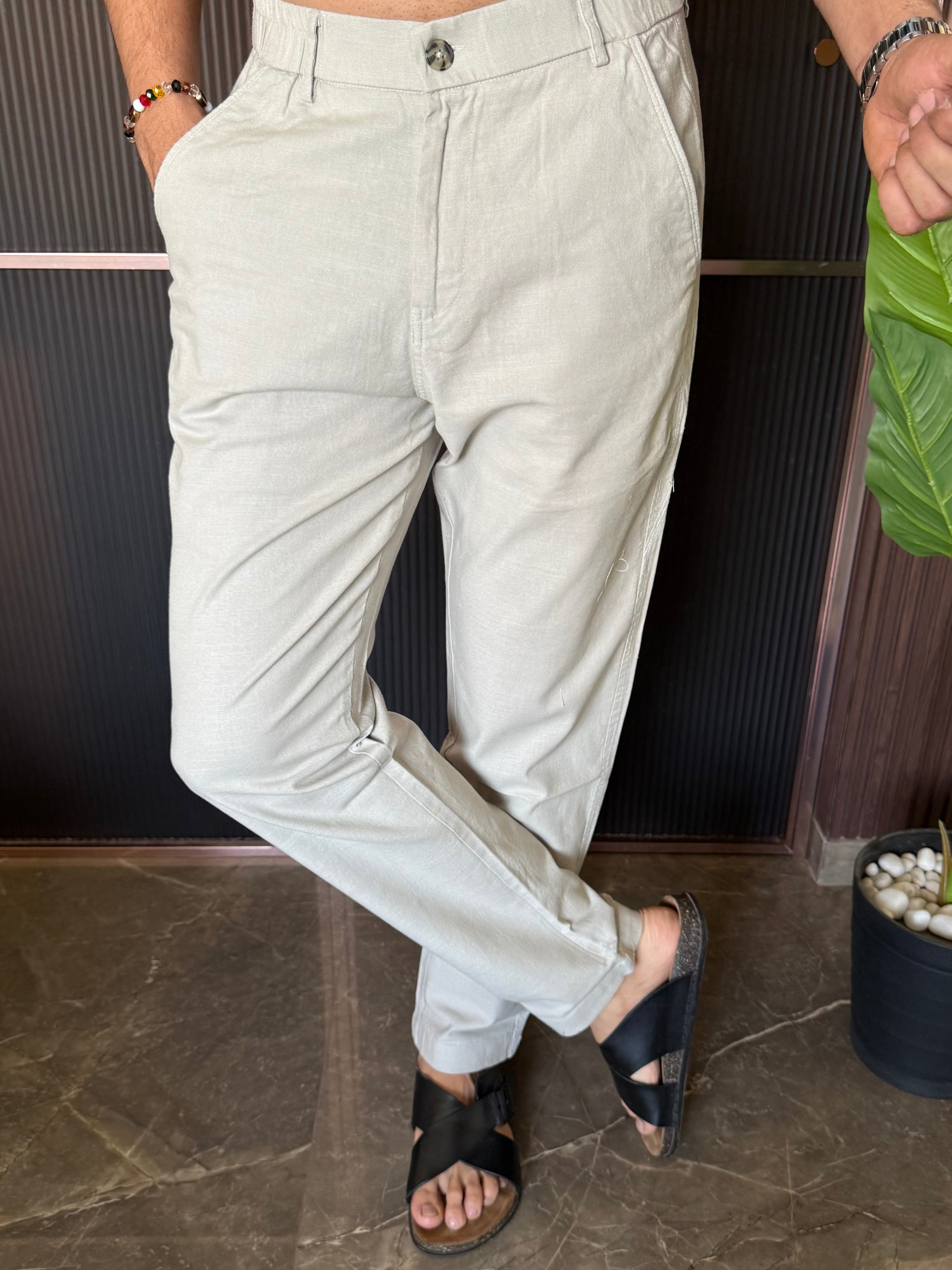 Elastic Waist Cream Linen Pant