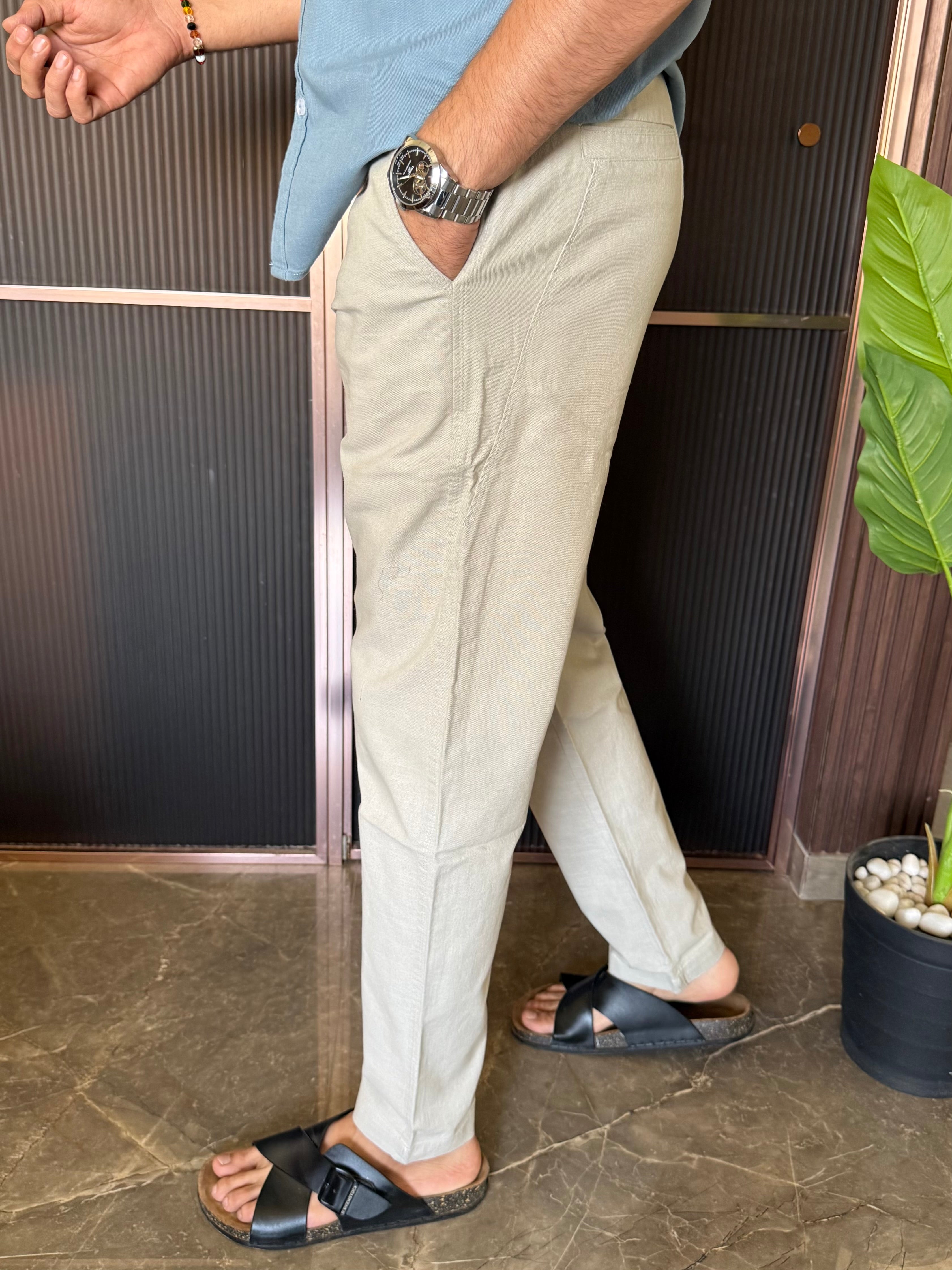 Elastic Waist Cream Linen Pant