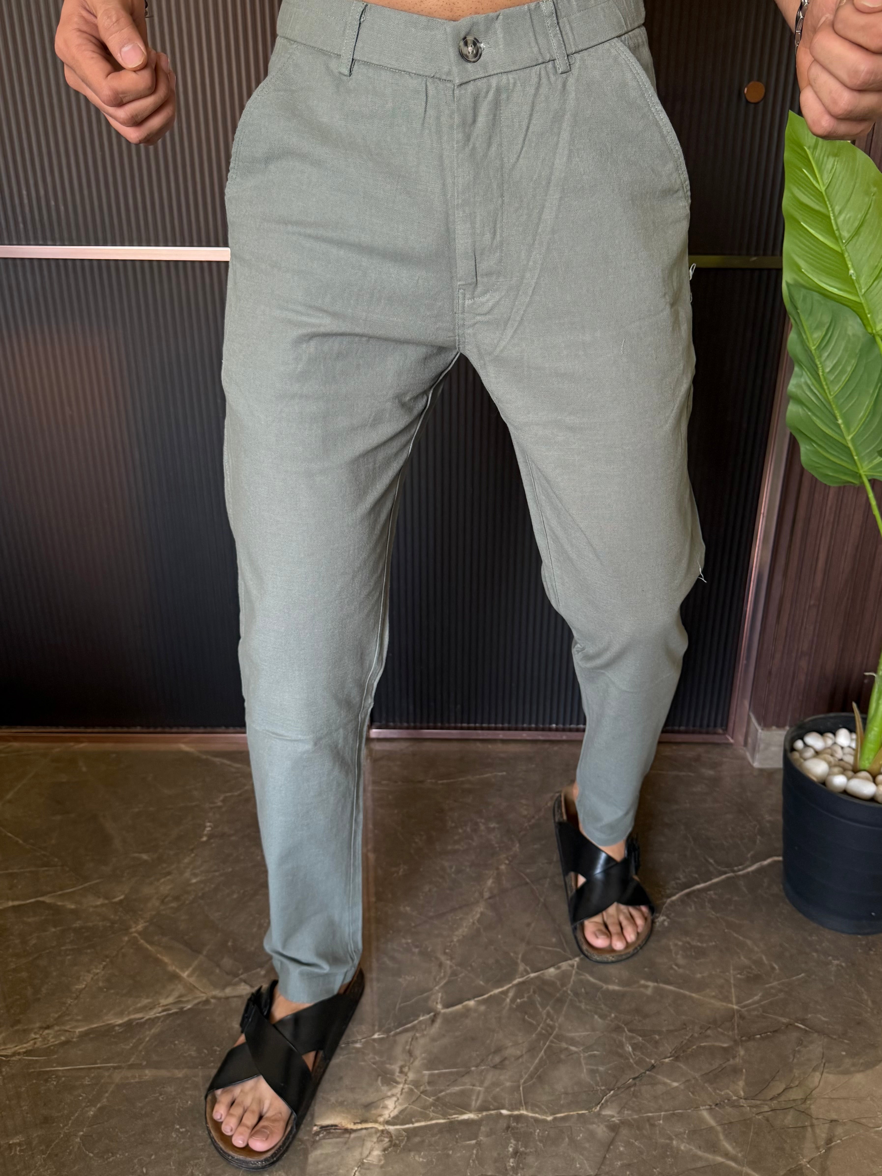 Elastic Waist Green Linen Pant