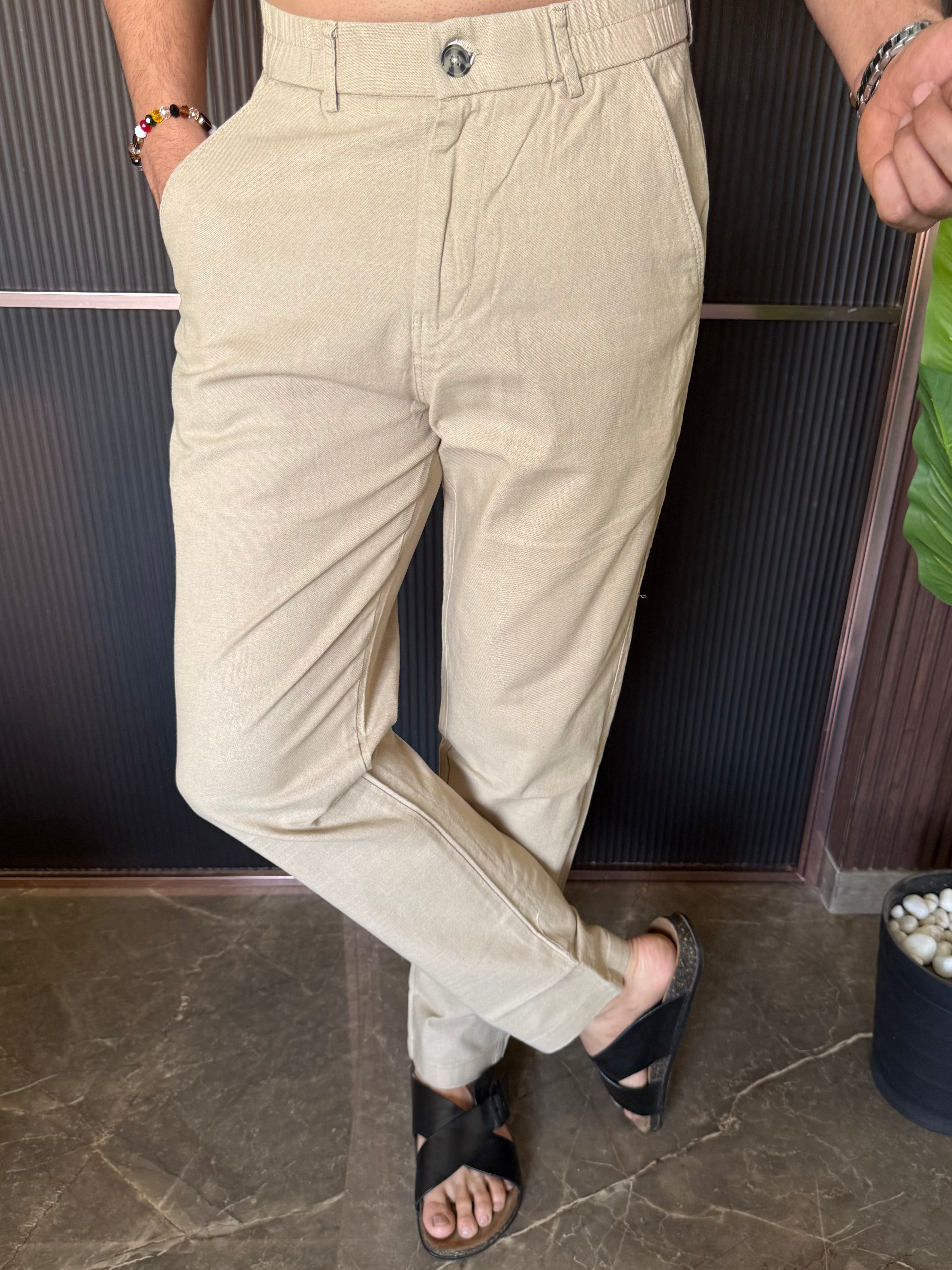 Elastic Waist Beige Linen Pant