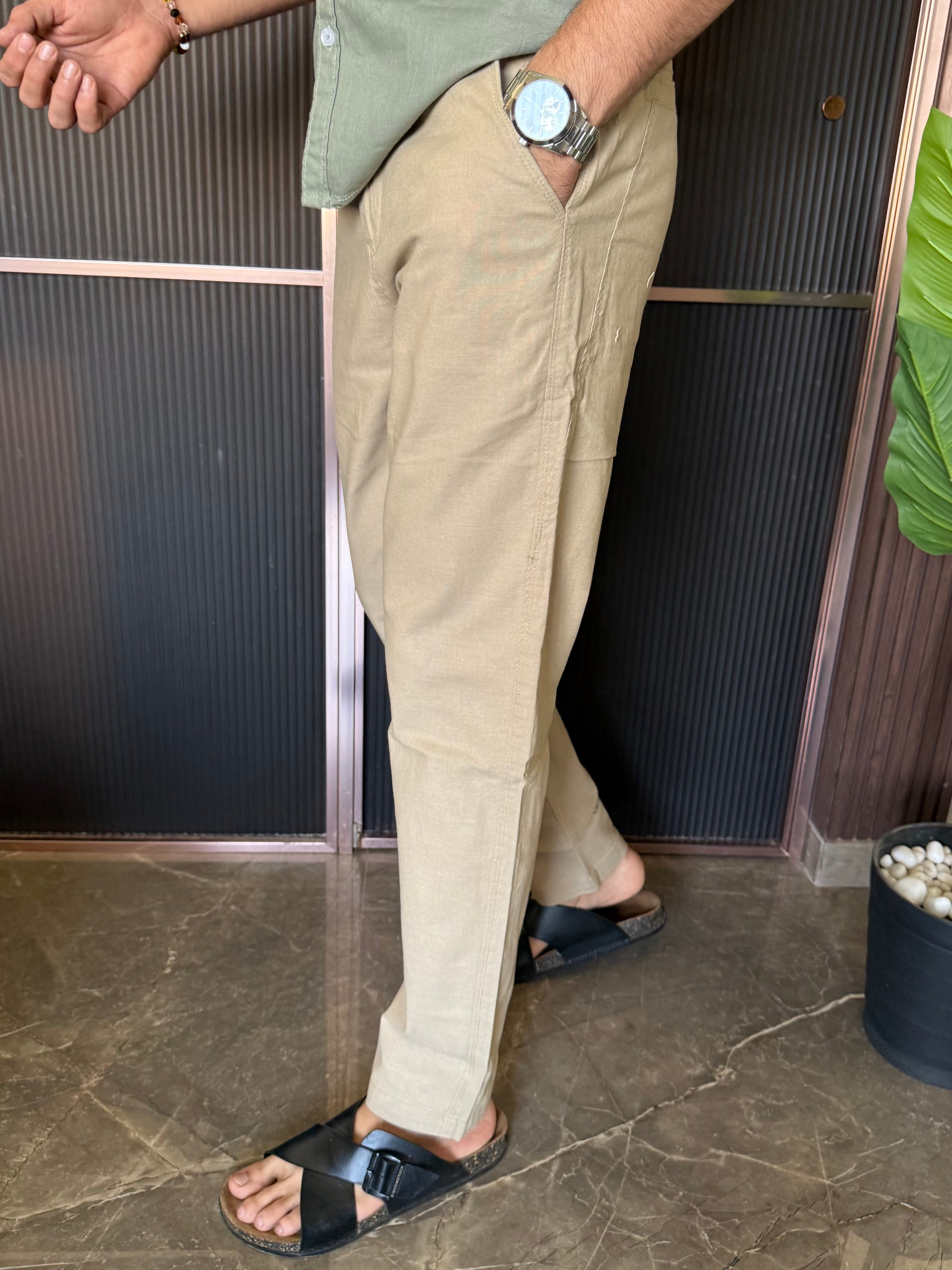 Elastic Waist Beige Linen Pant