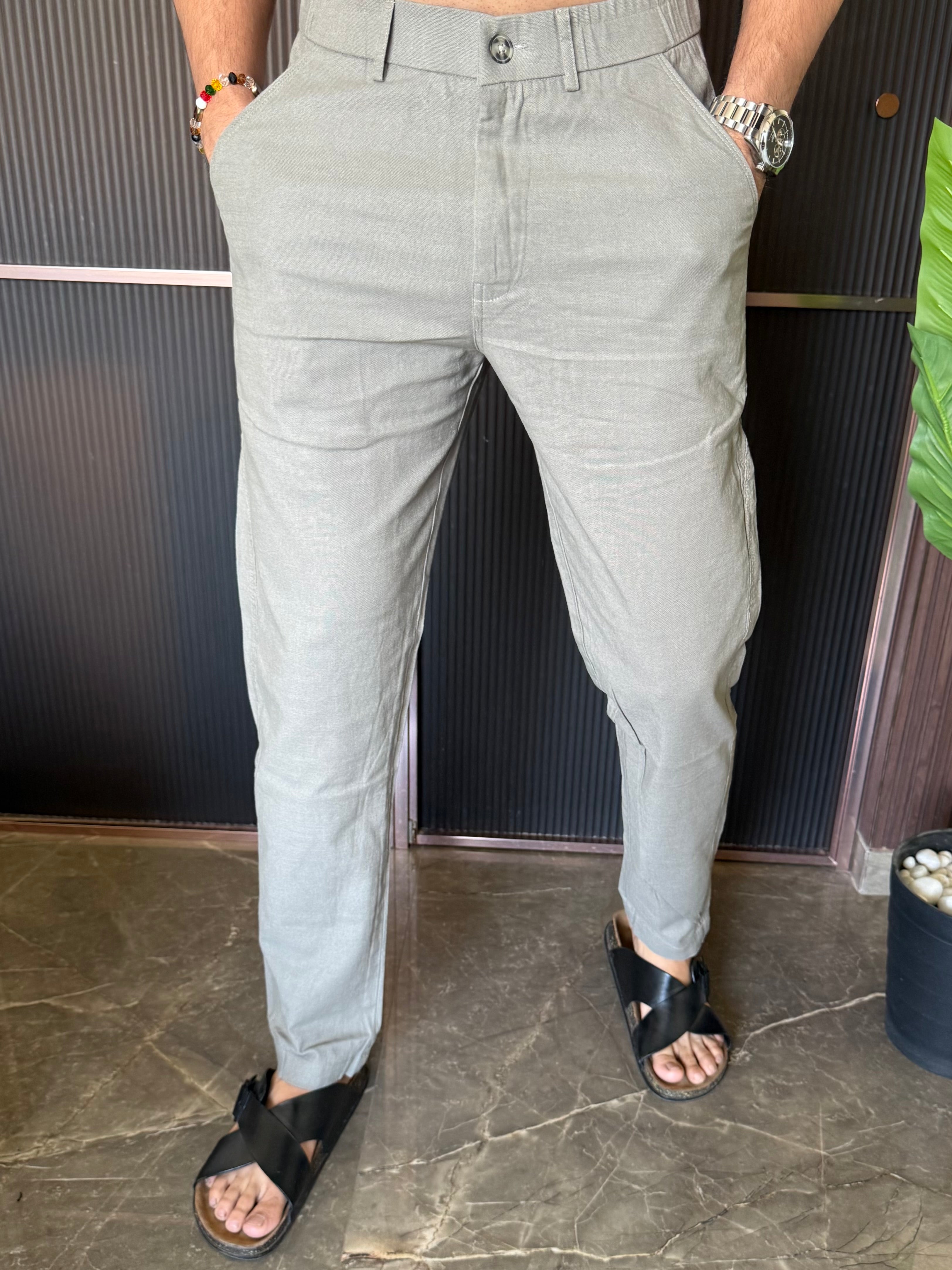 Elastic Waist Grey Linen Pant