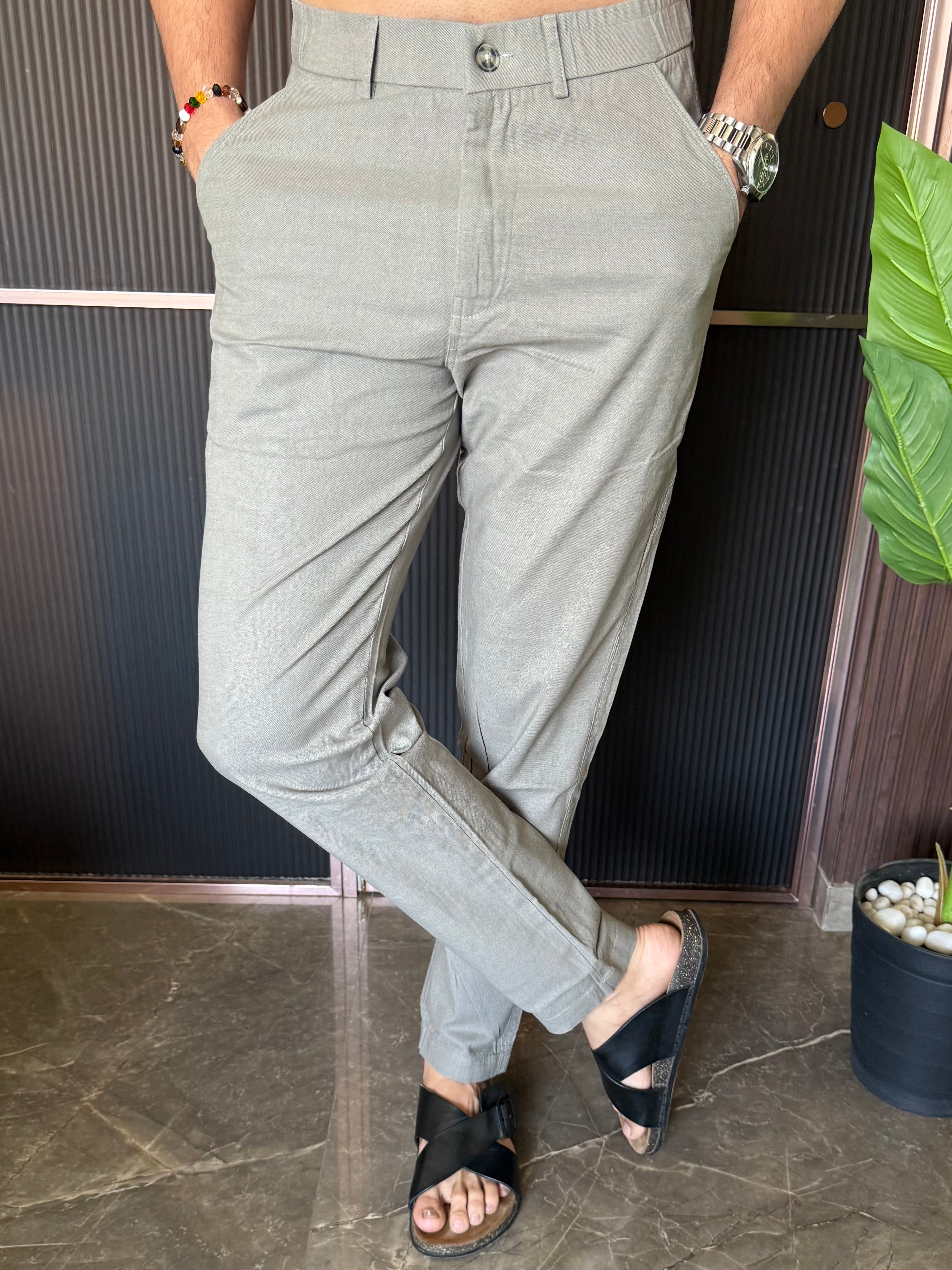 Elastic Waist Grey Linen Pant