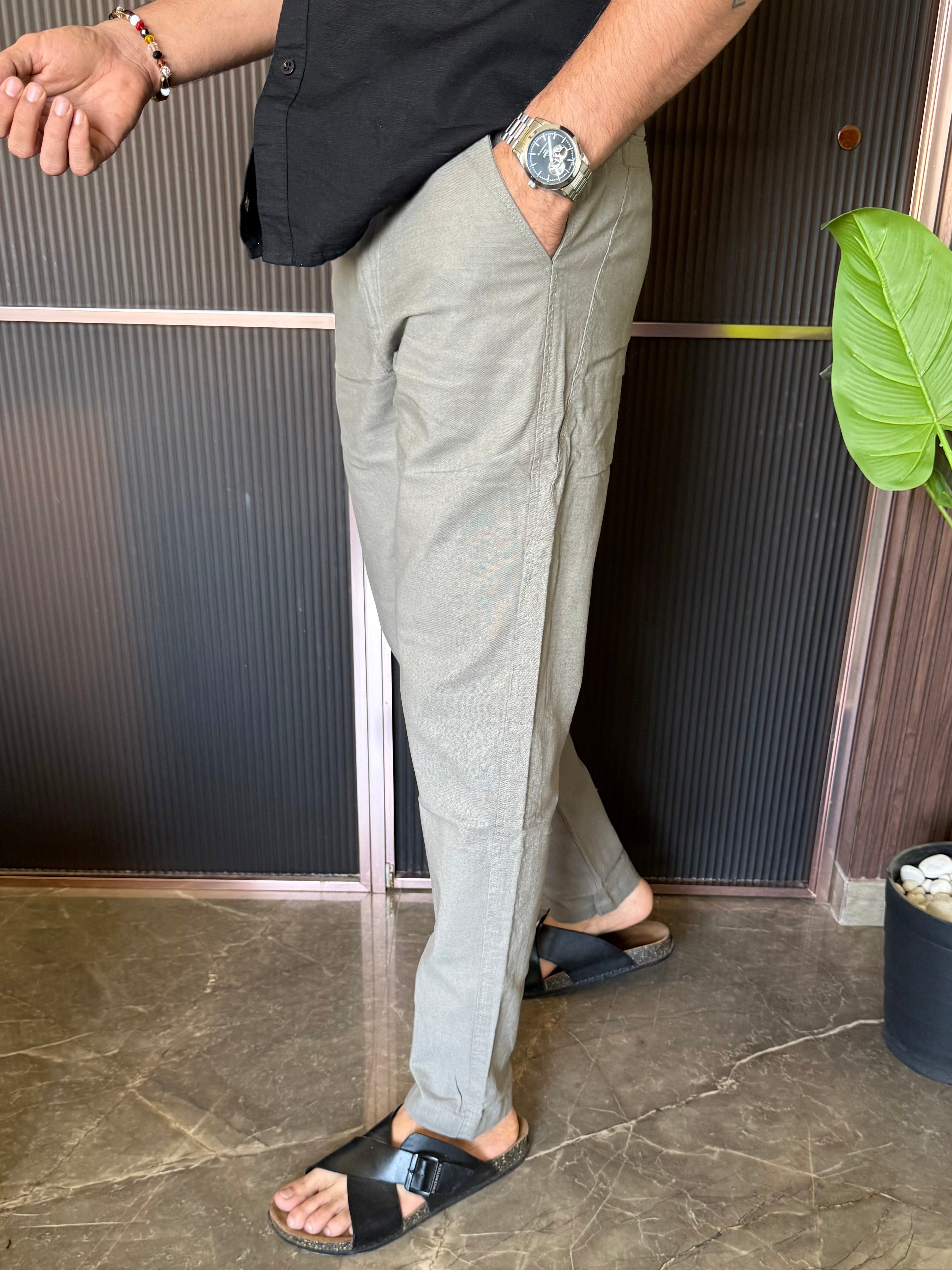 Elastic Waist Grey Linen Pant