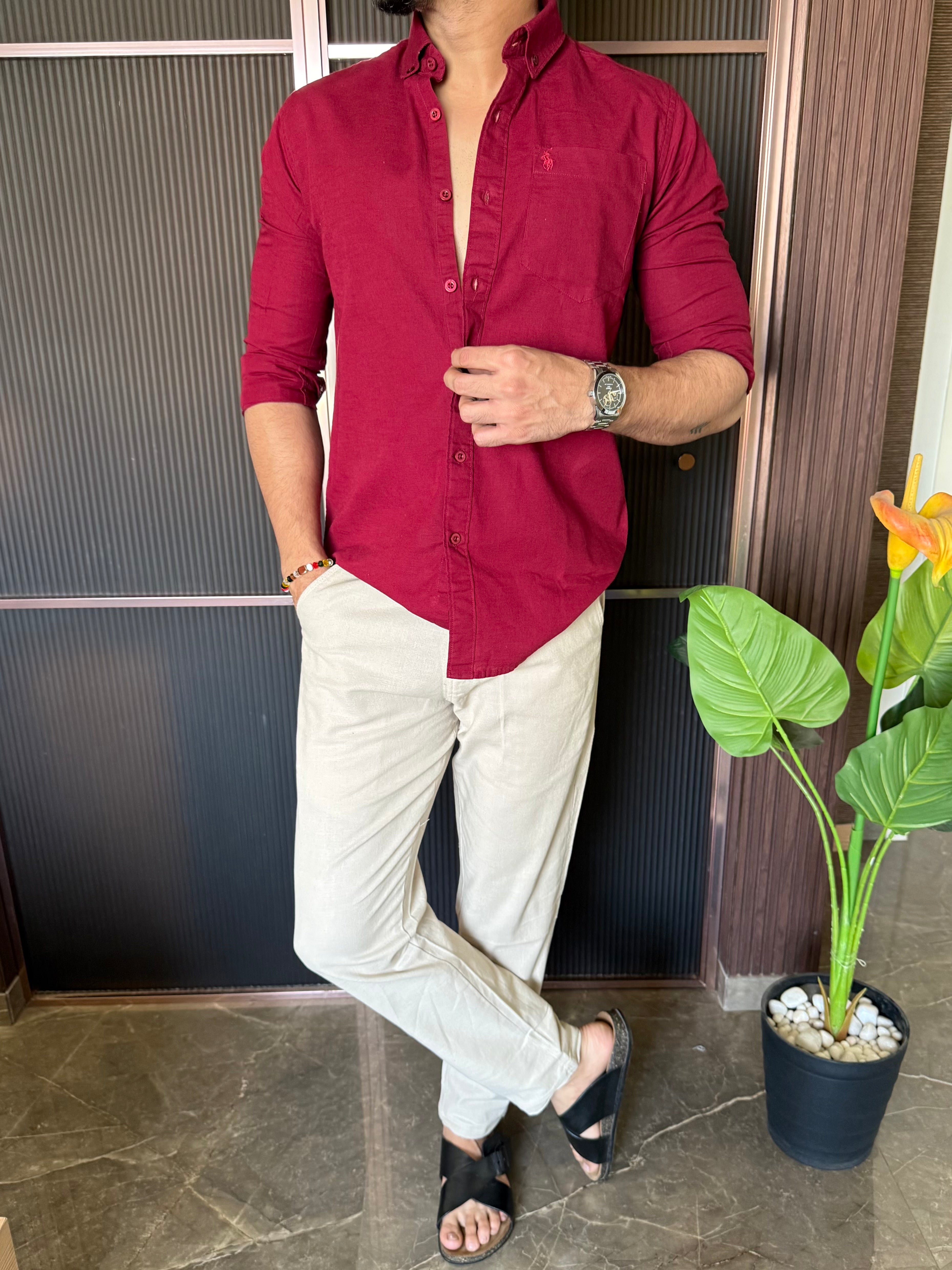 Linen Maroon Full Sleeve Shirt