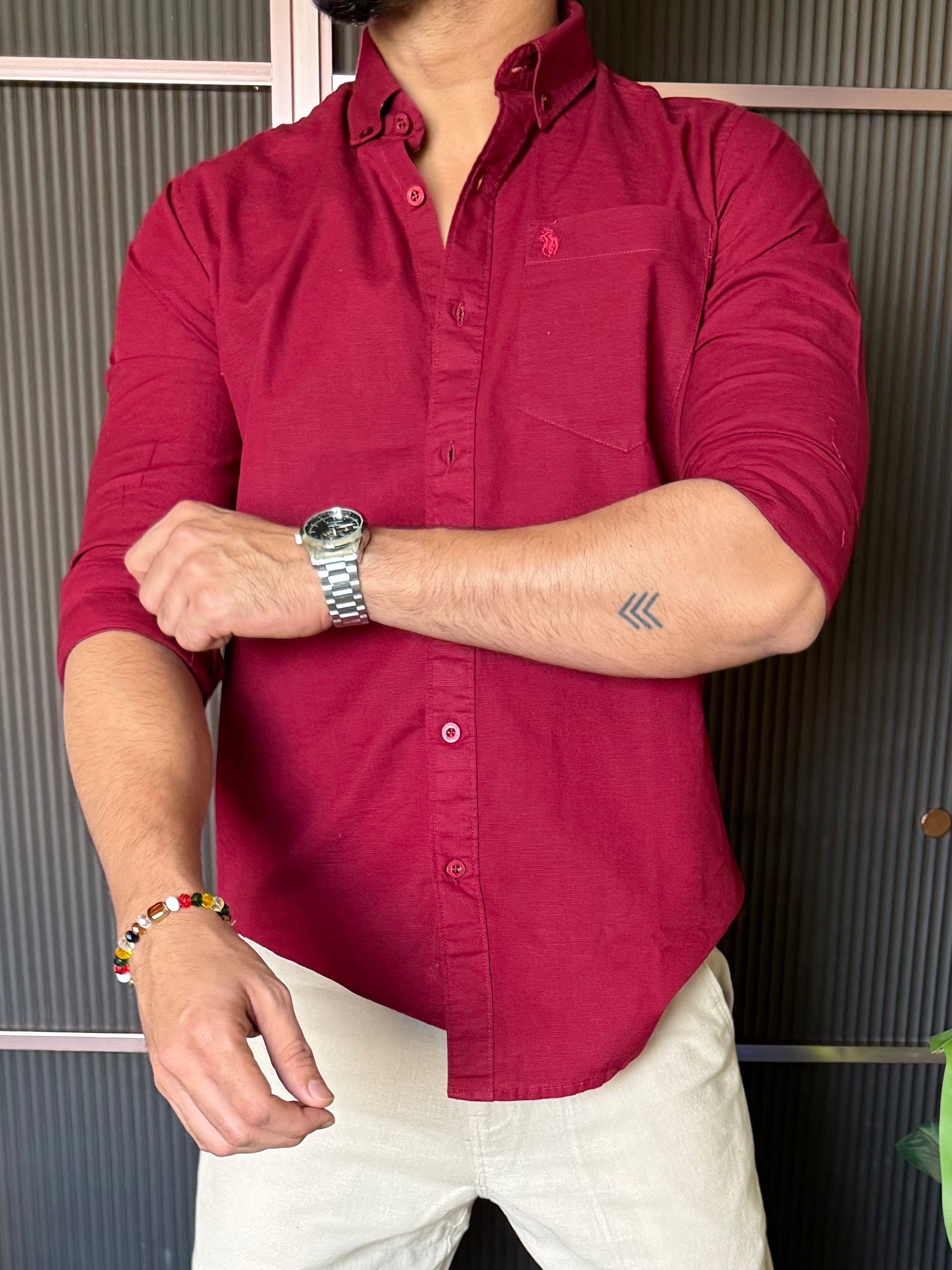 Linen Maroon Full Sleeve Shirt