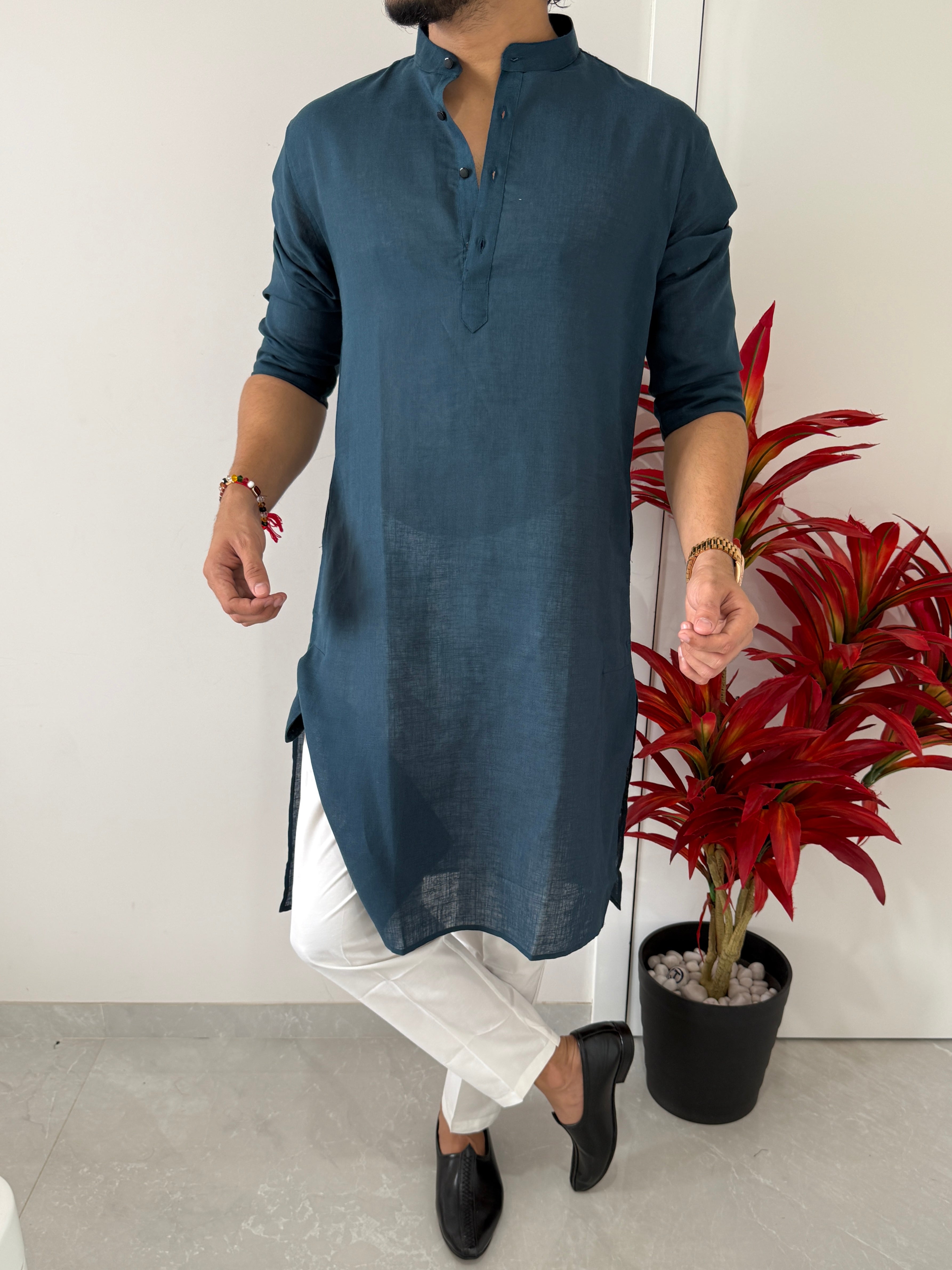 Linen  Blue Full Kurta