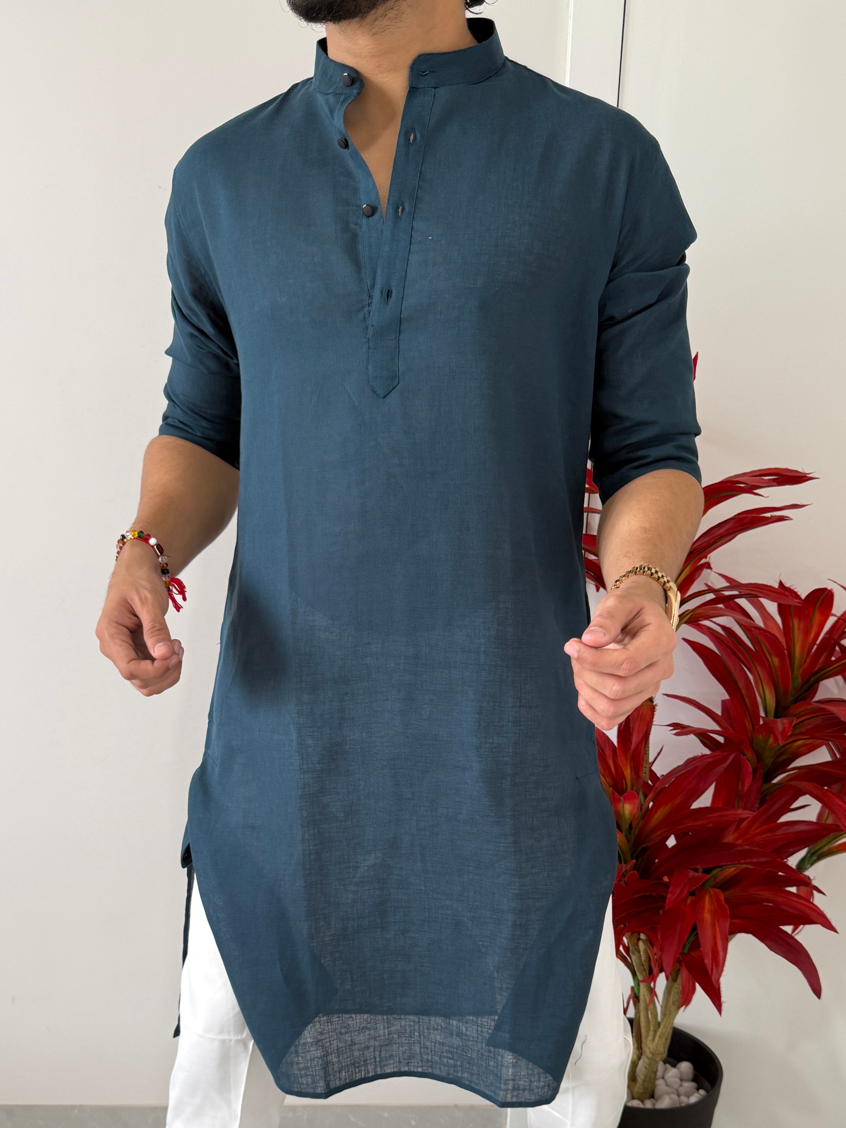 Linen  Blue Full Kurta