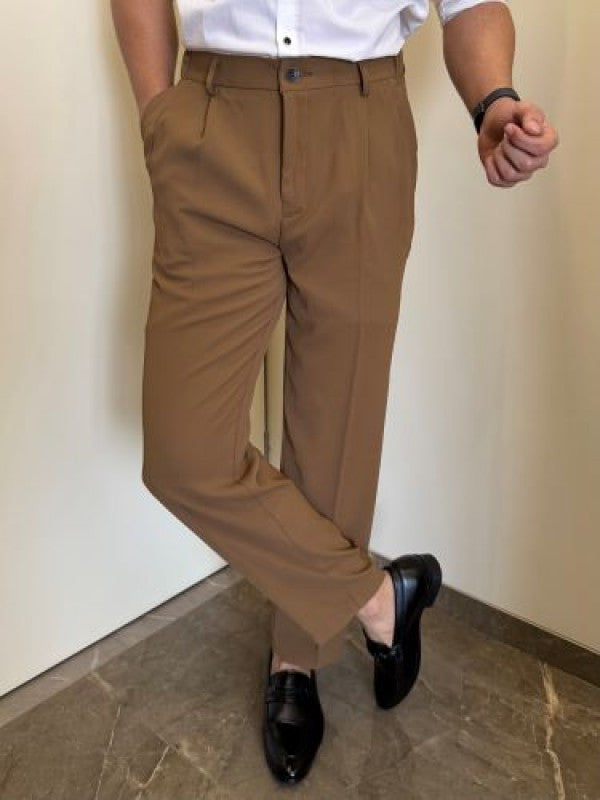 Adjustable Pleated Straight Fit Camel Trouser