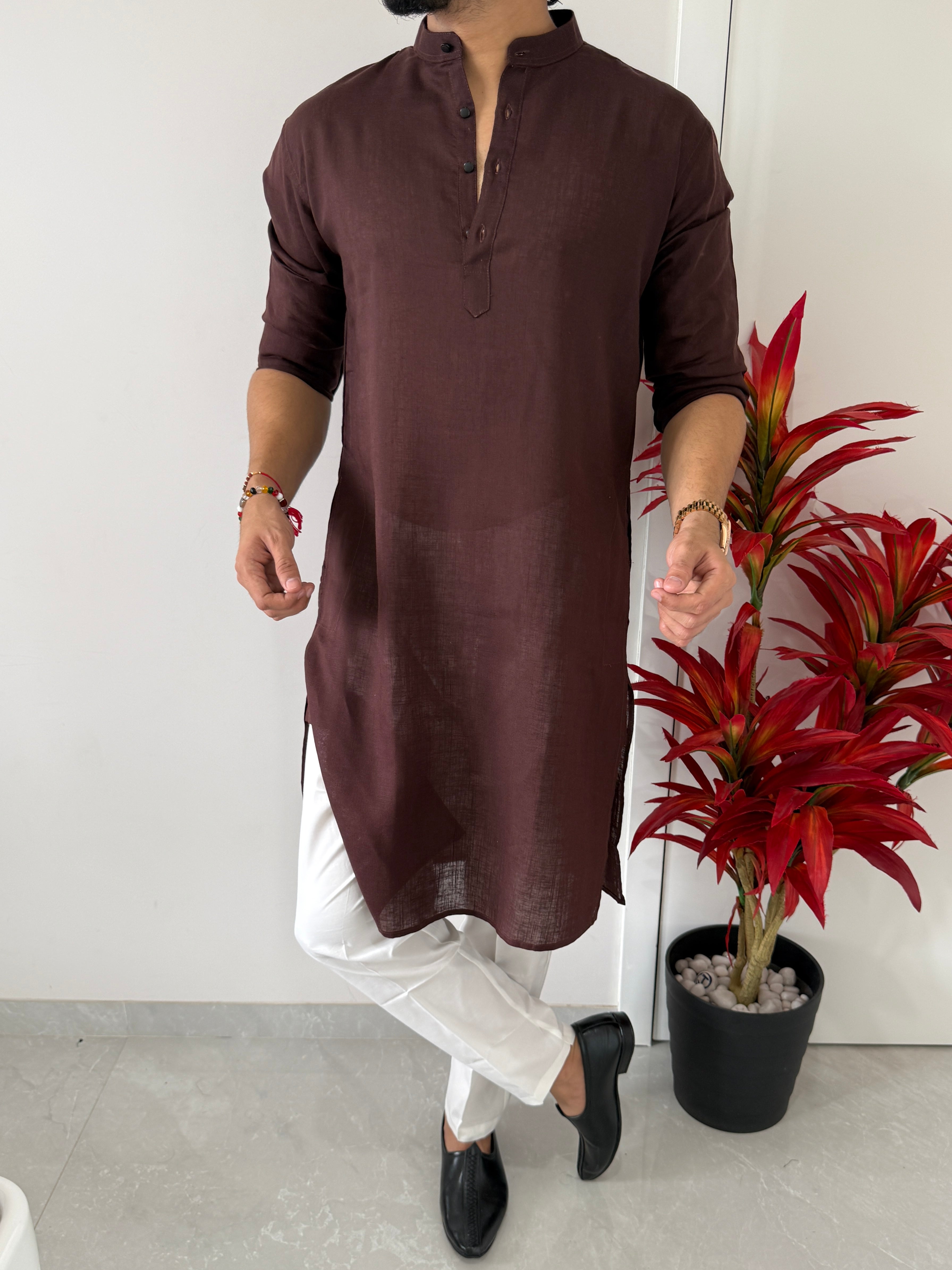 Linen  Coffee Full Kurta