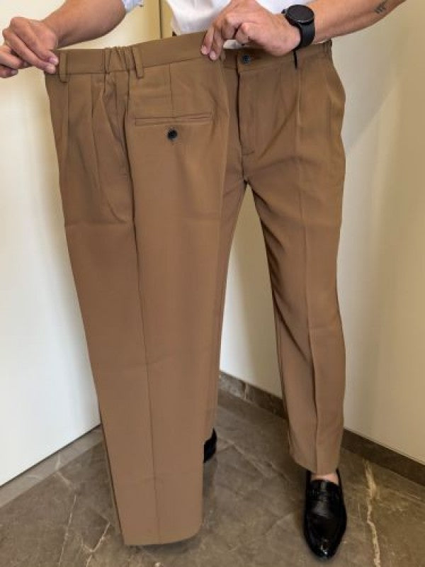 Adjustable Pleated Straight Fit Camel Trouser