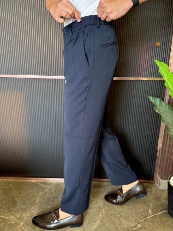 Adjustable Pleated Straight Fit Navy Trouser