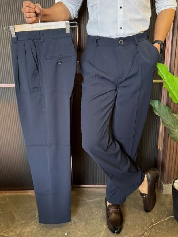 Adjustable Pleated Straight Fit Navy Trouser