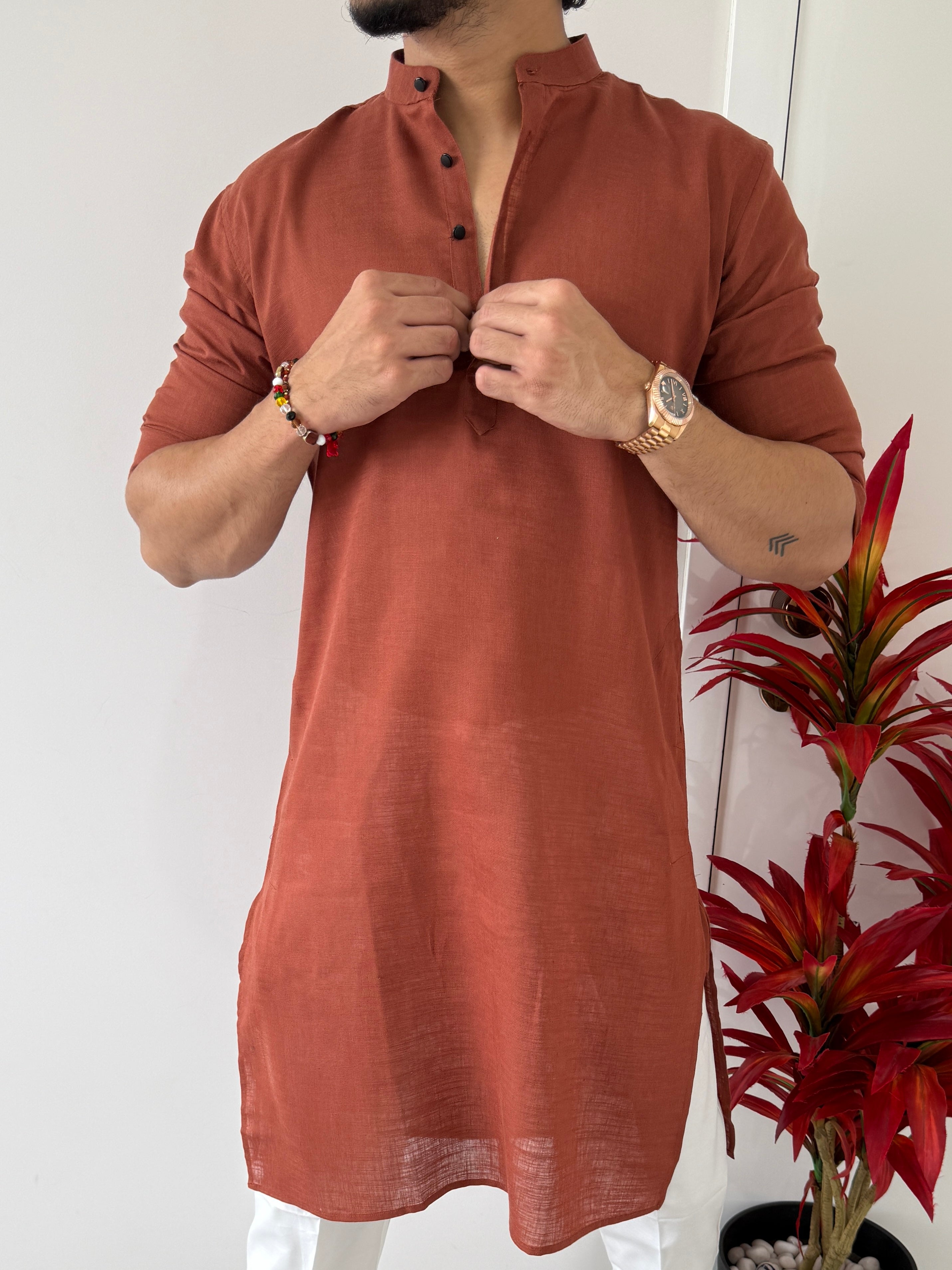 Linen  Rust Full Kurta