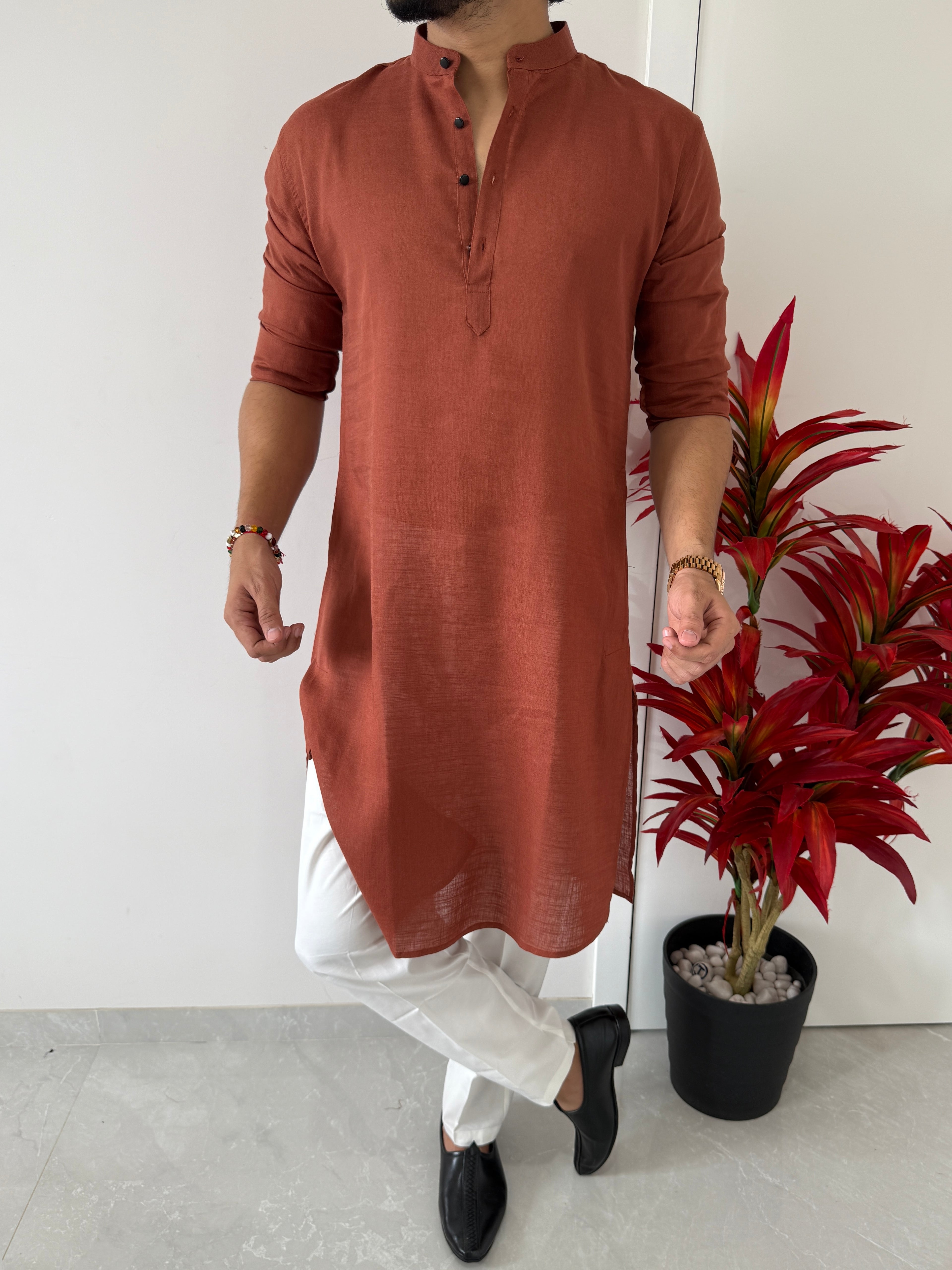 Linen  Rust Full Kurta