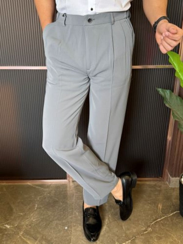 Adjustable Pleated Straight Fit Grey Trouser