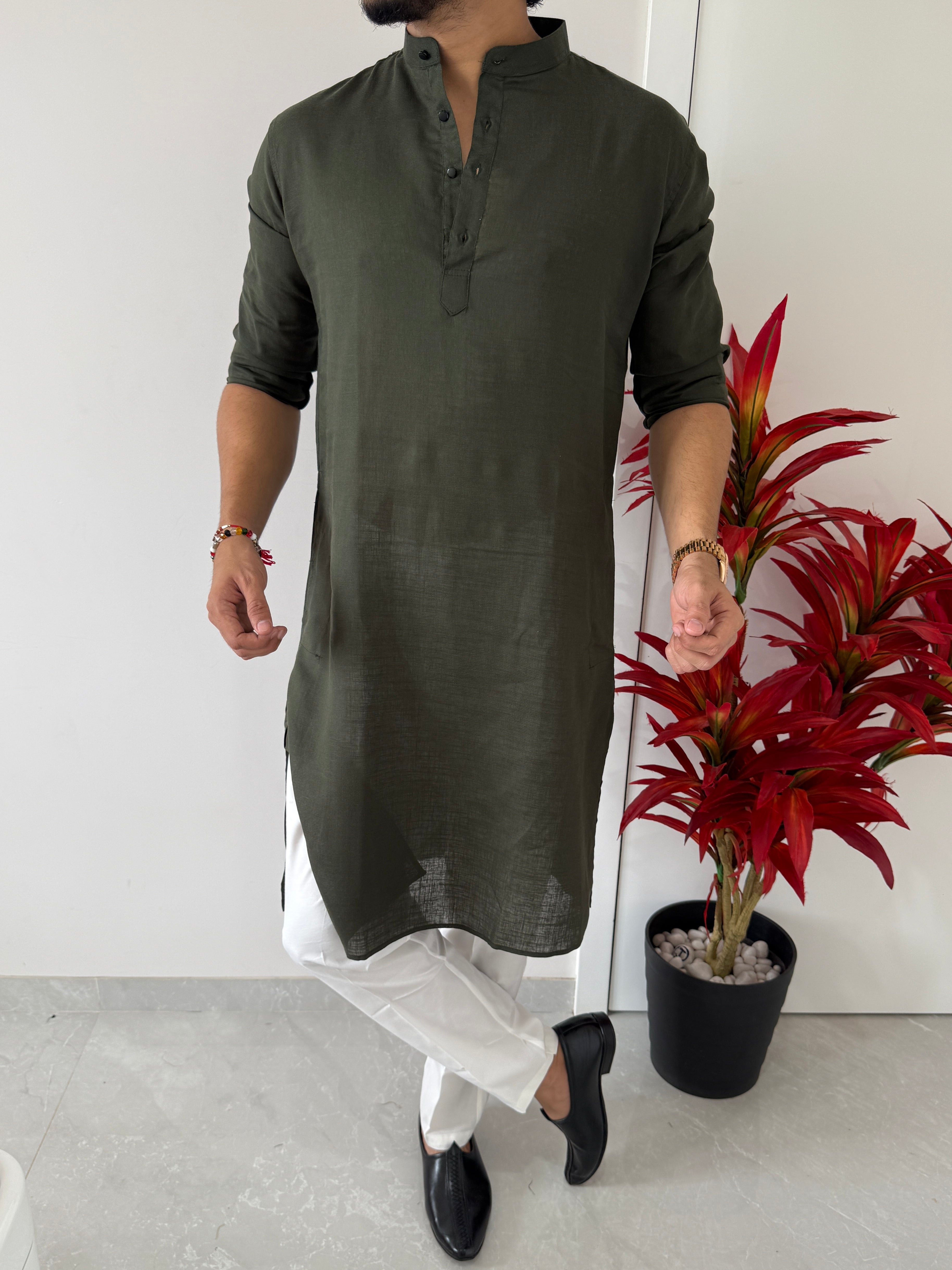 Linen  Olive Full Kurta