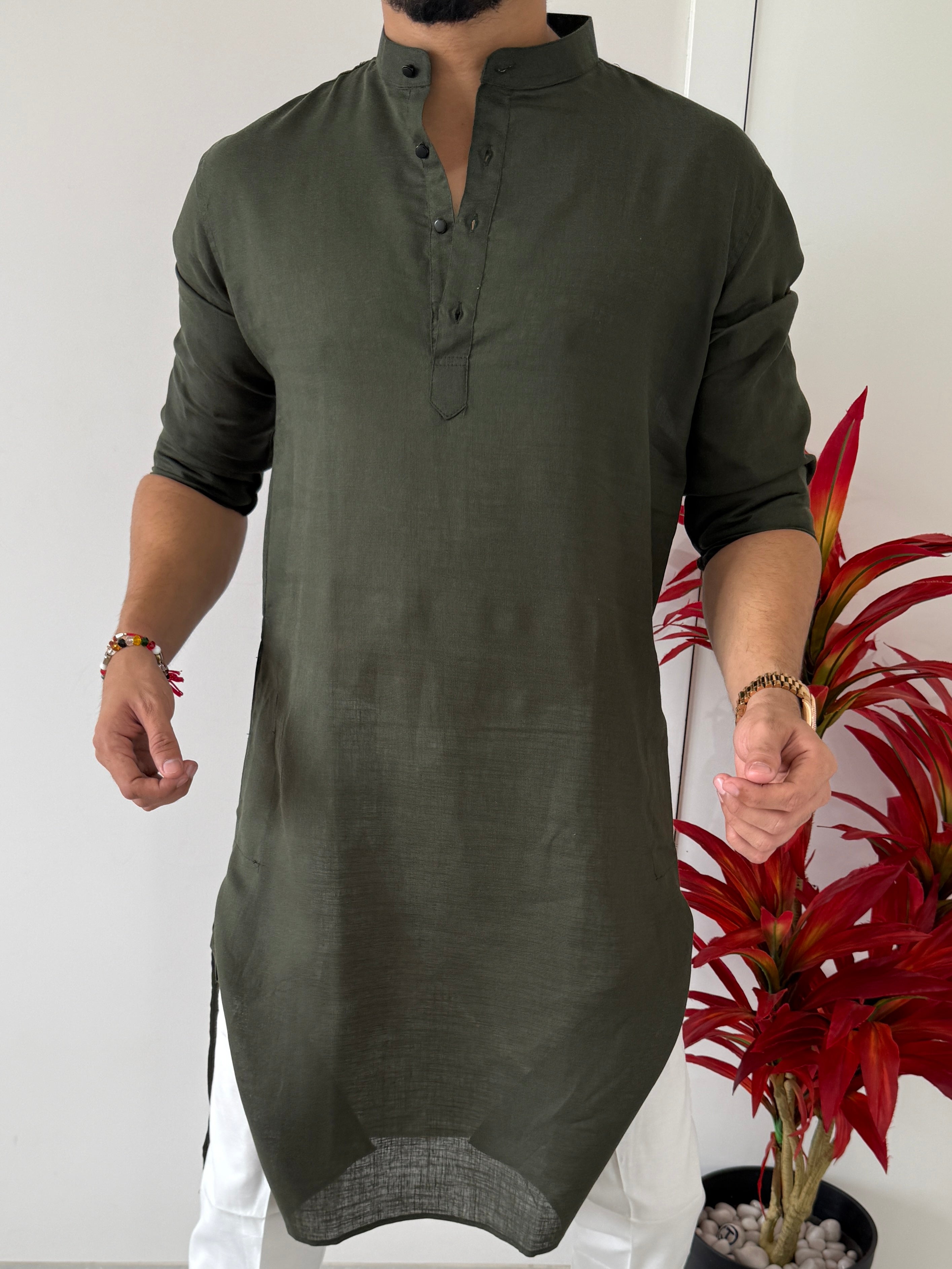 Linen  Olive Full Kurta