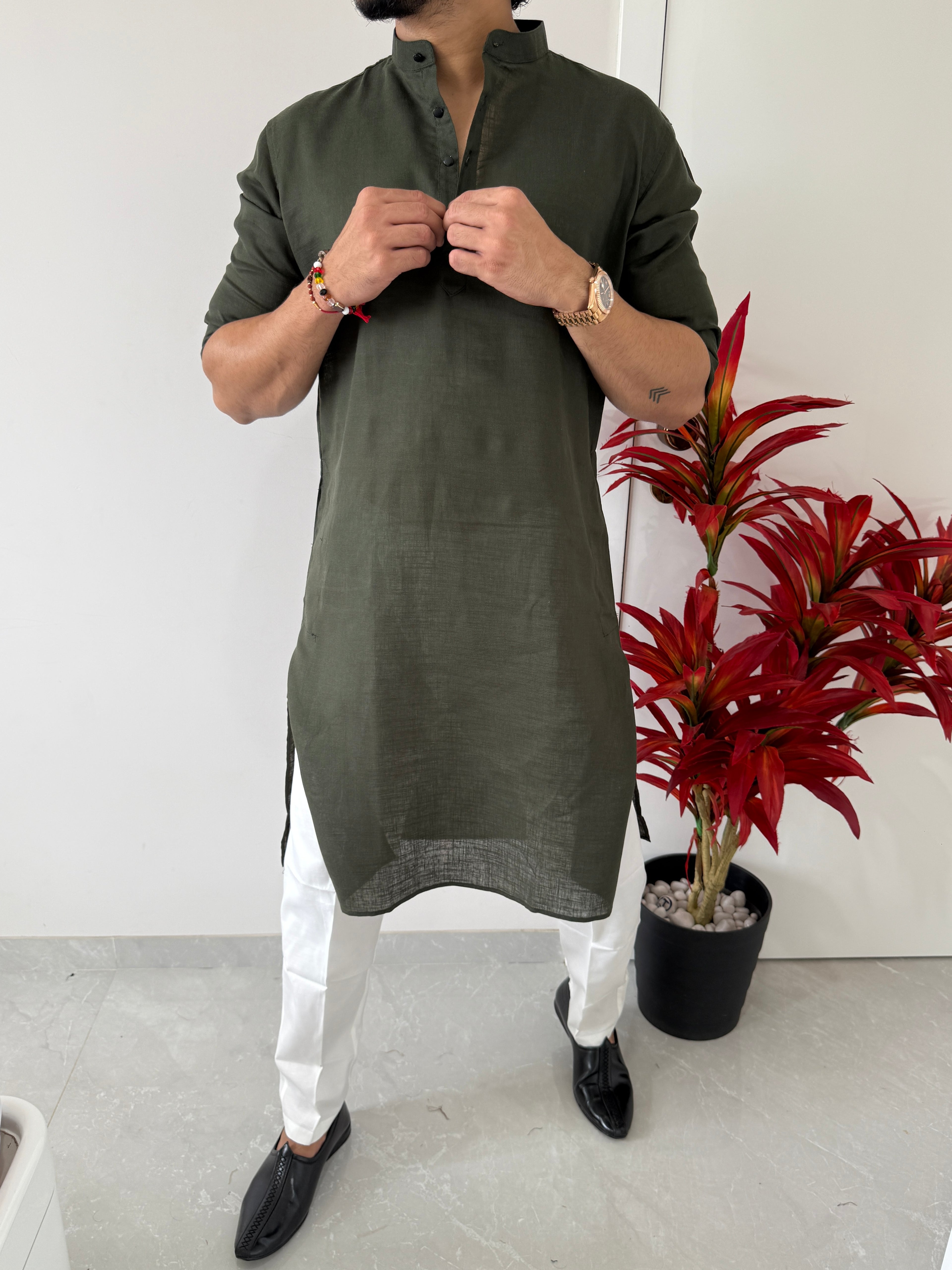 Linen  Olive Full Kurta