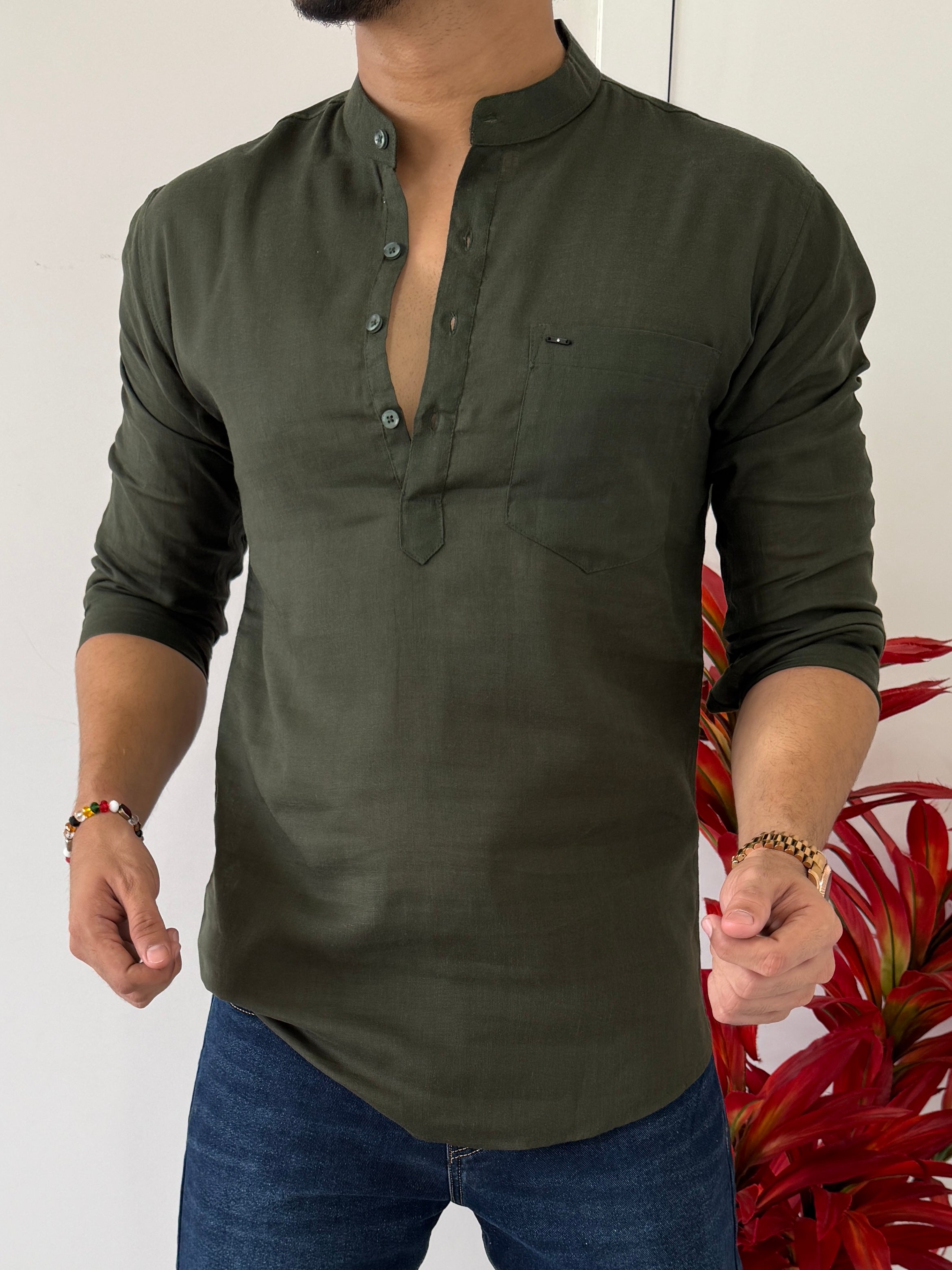 Linen Olive Short Kurta