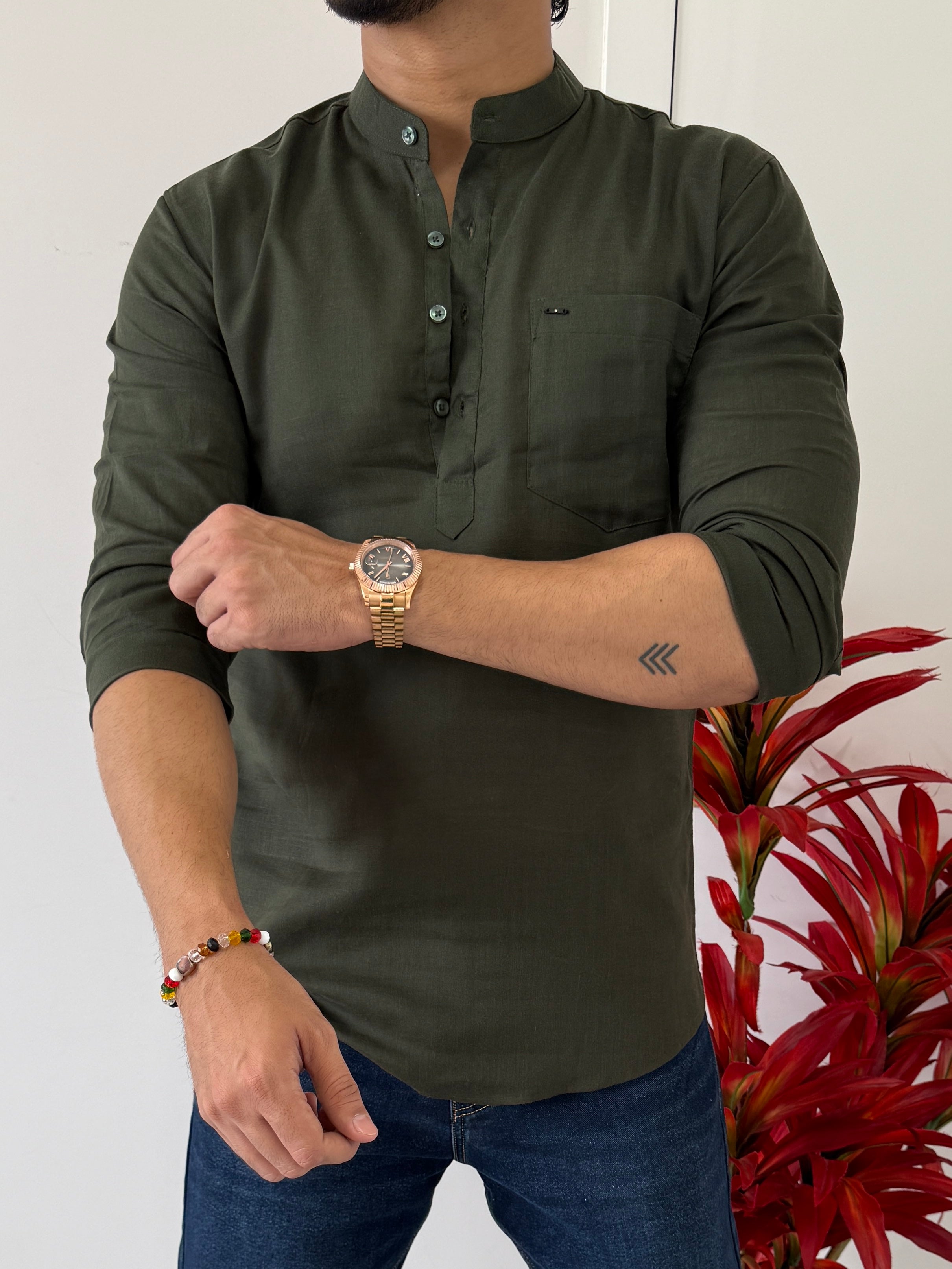 Linen Olive Short Kurta