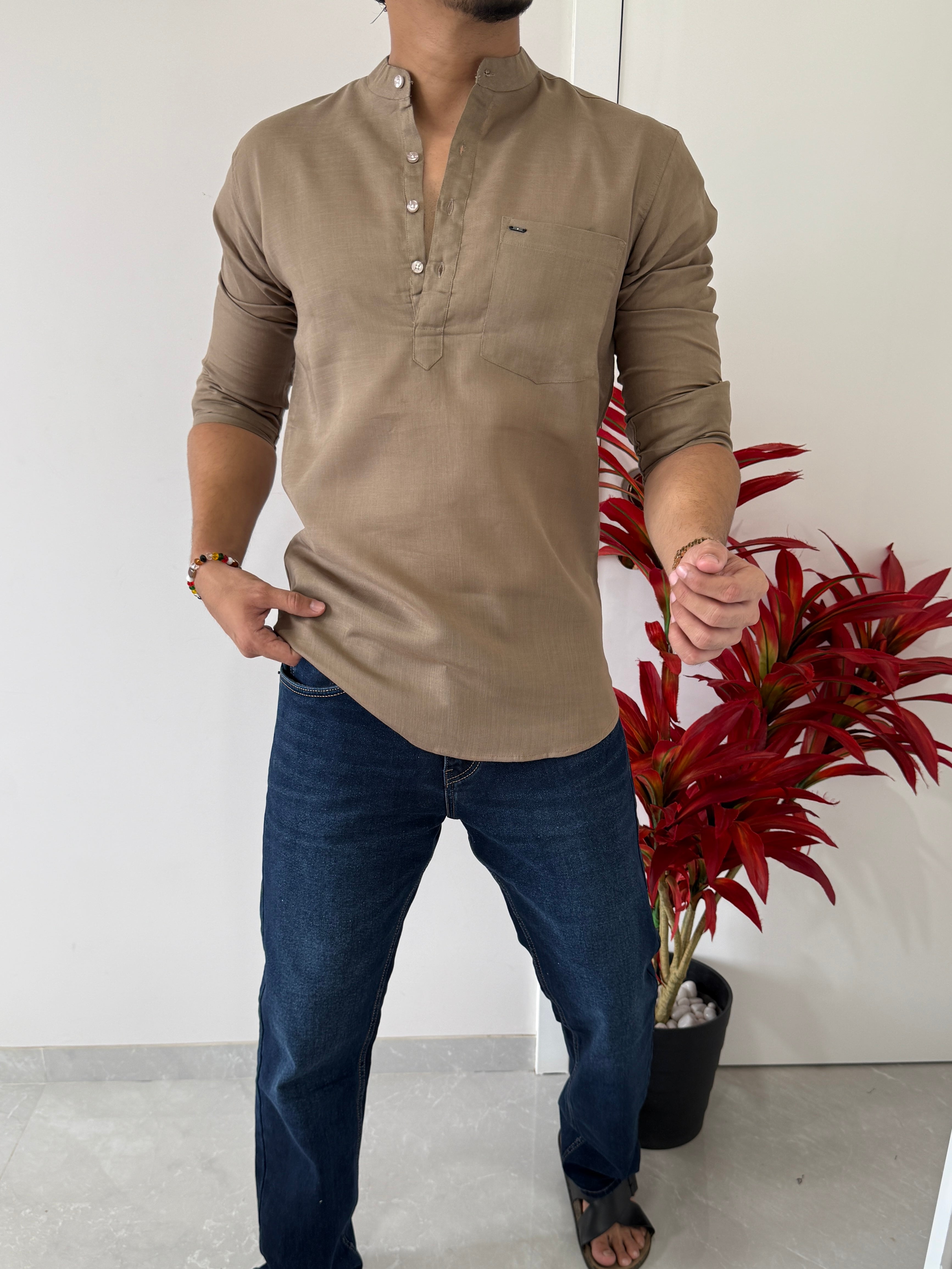 Linen Brown Short Kurta