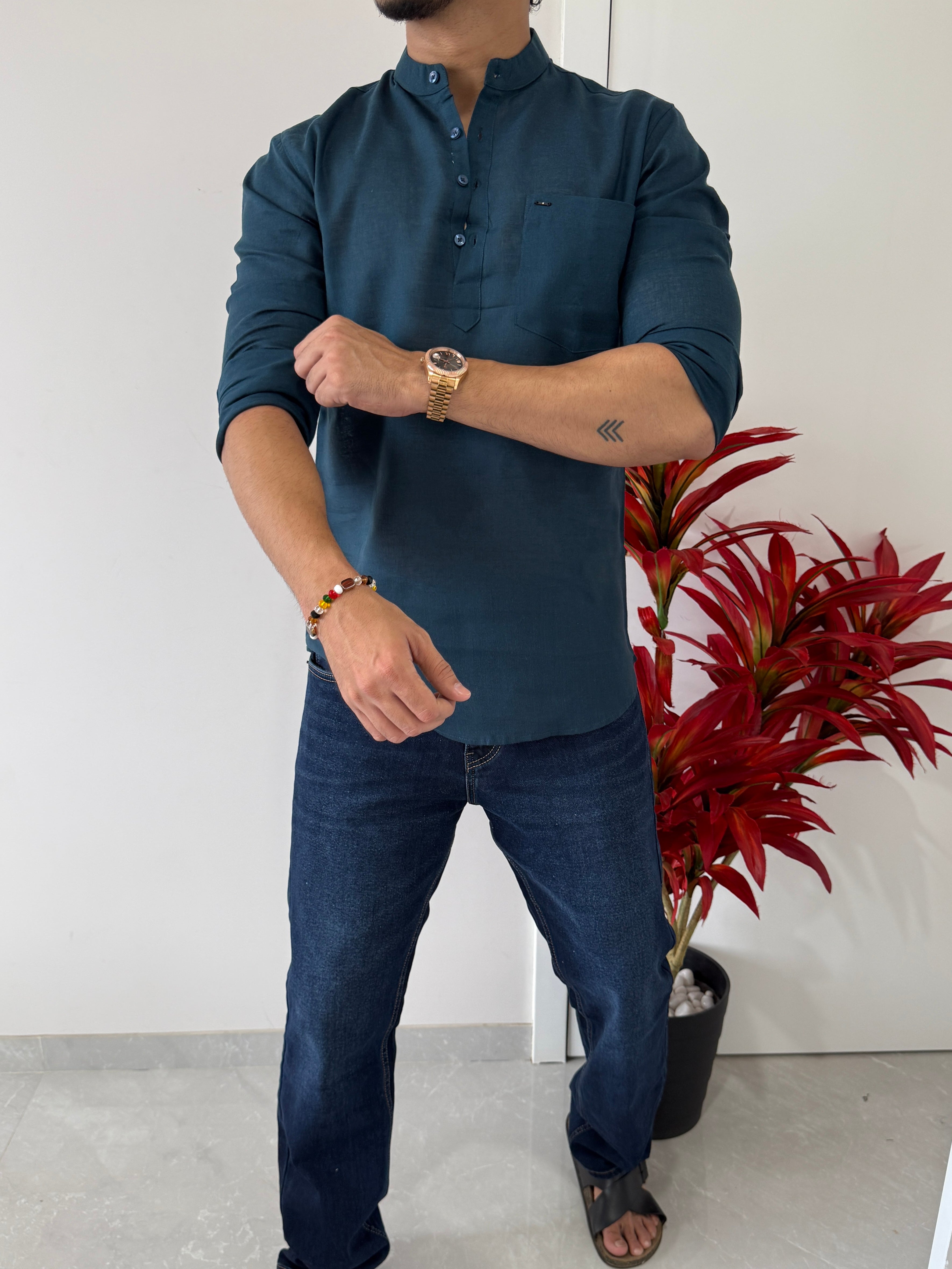 Linen Blue Short Kurta