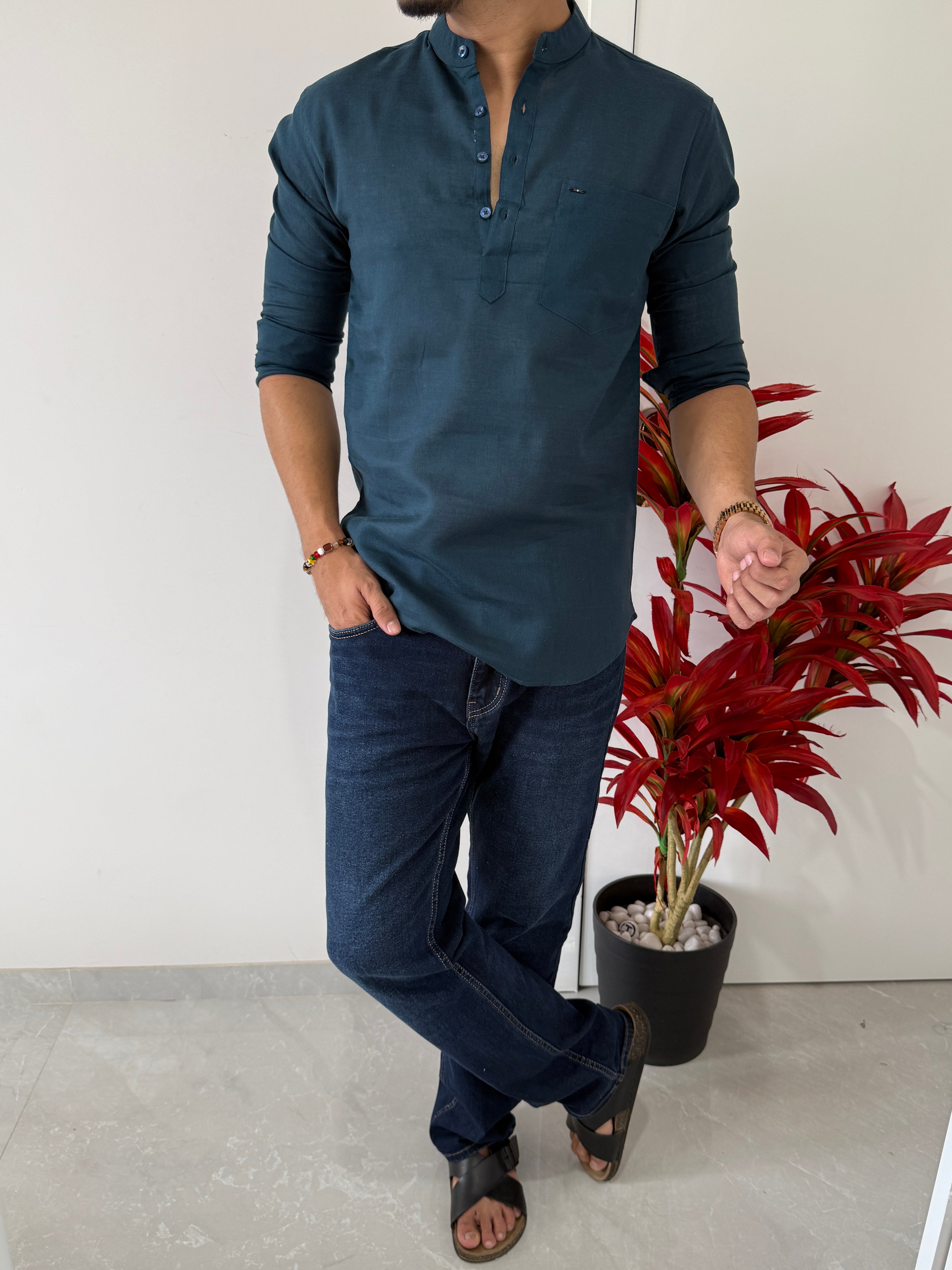 Linen Blue Short Kurta