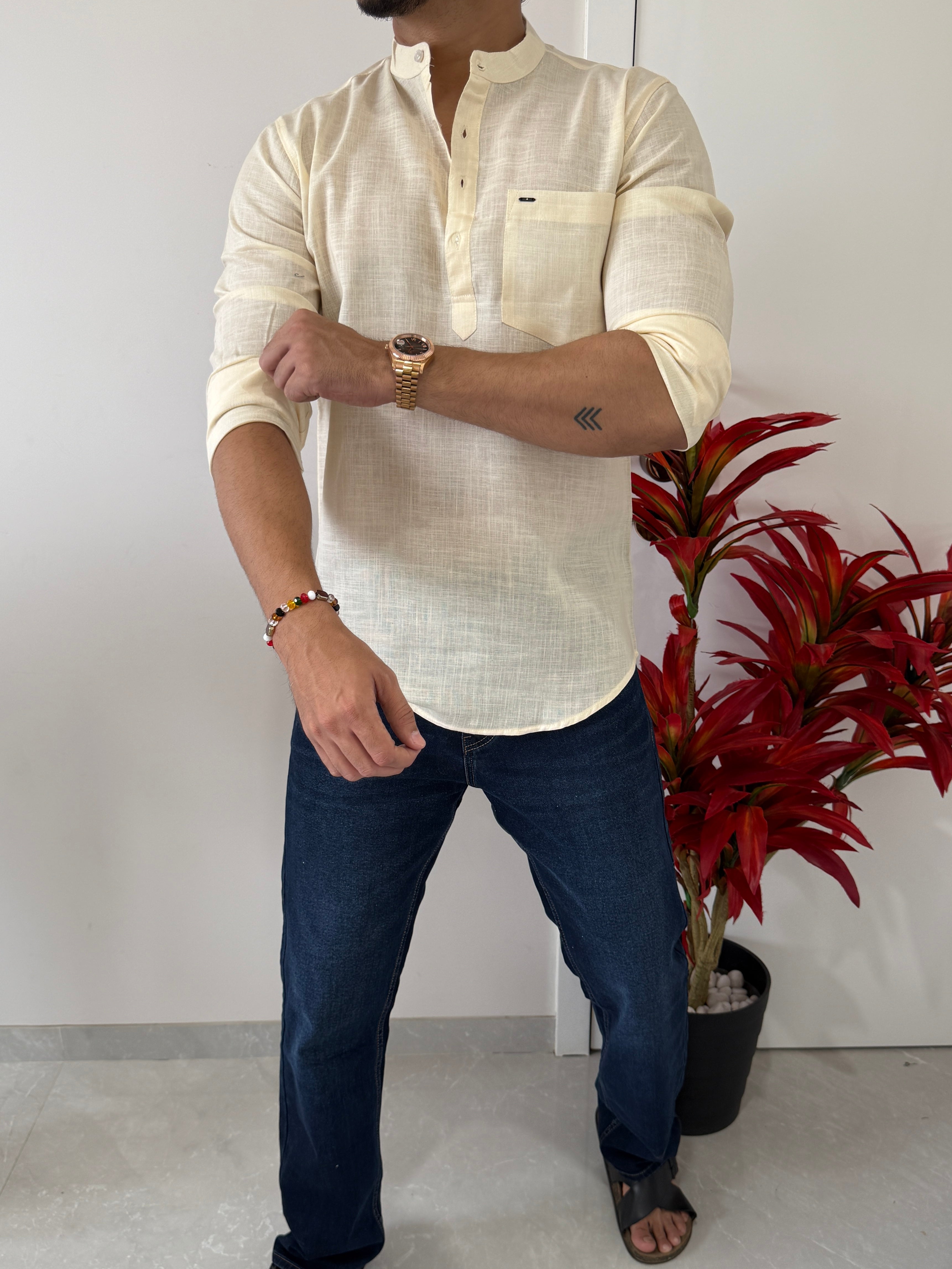 Linen Butter Yellow Short Kurta