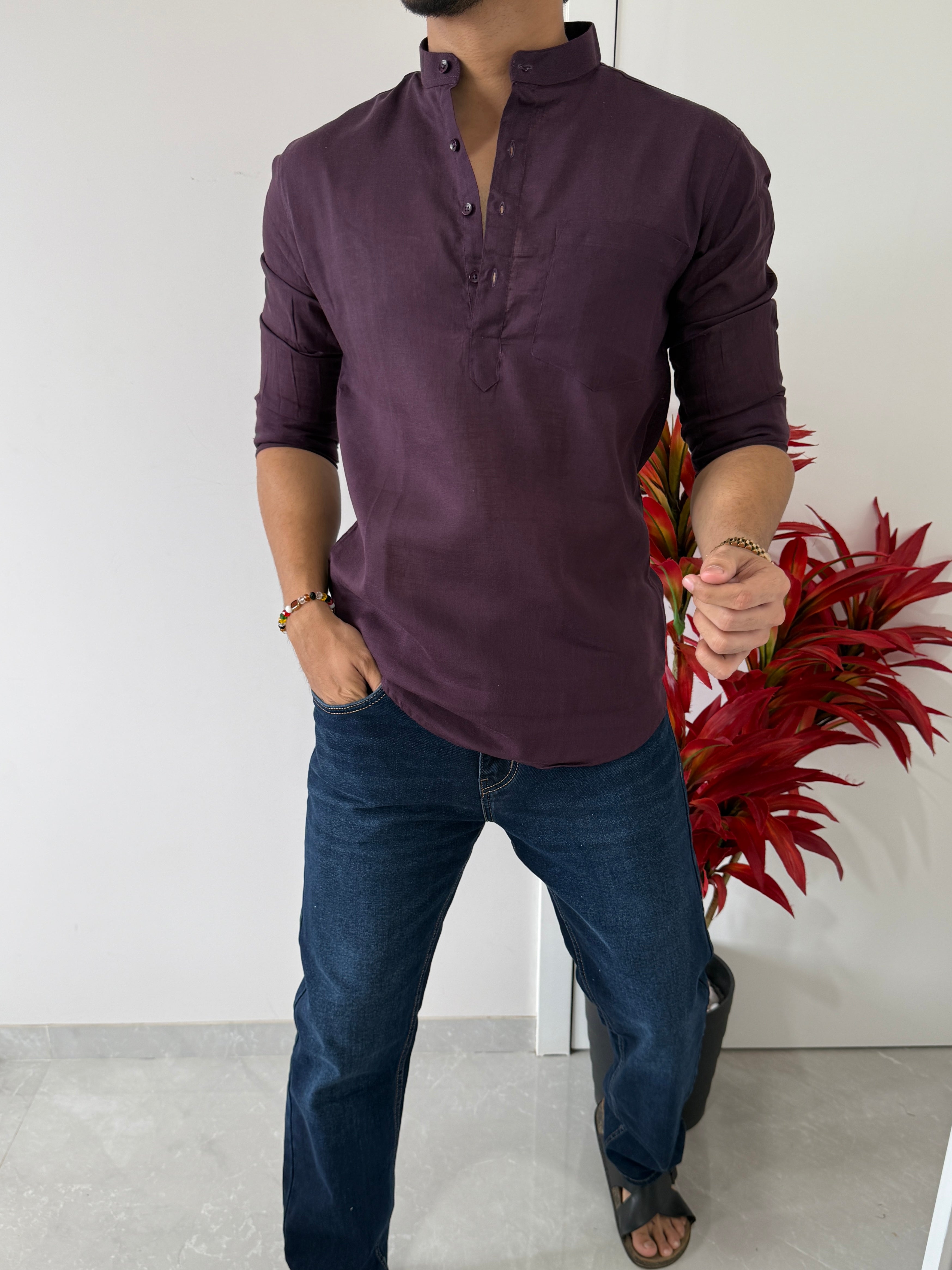 Linen Off Dark purple Short Kurta