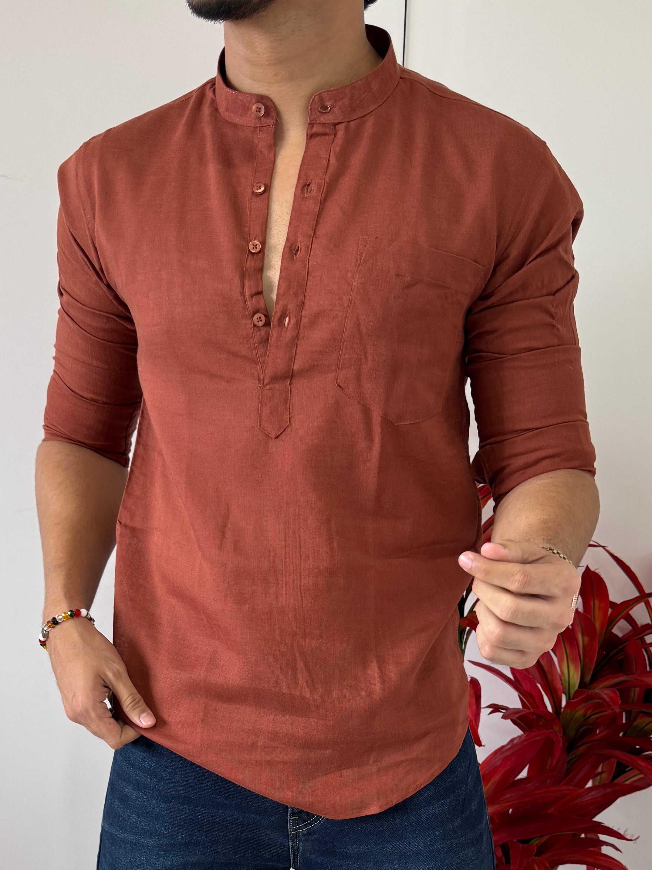 Linen Rust Short Kurta