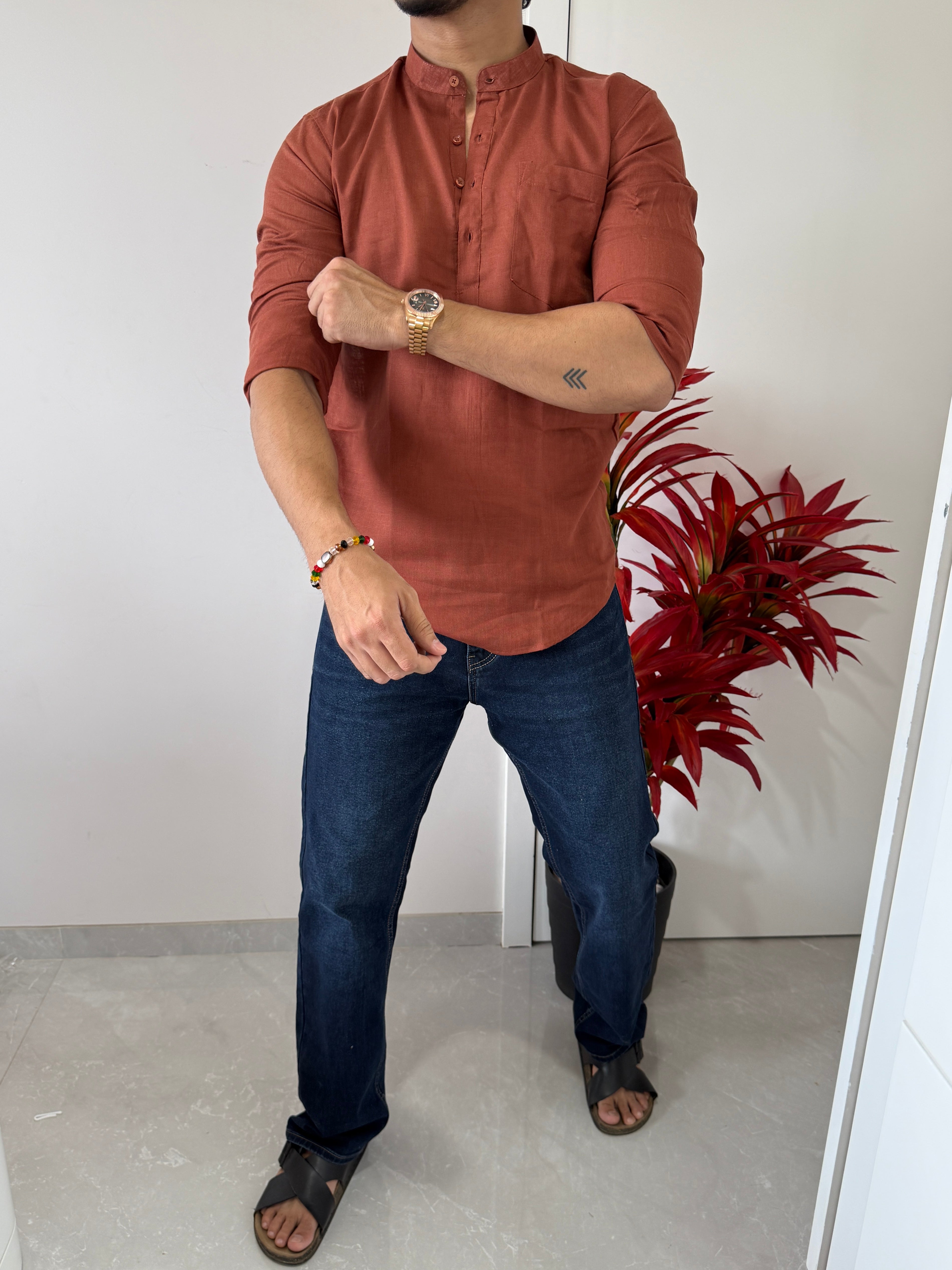 Linen Rust Short Kurta