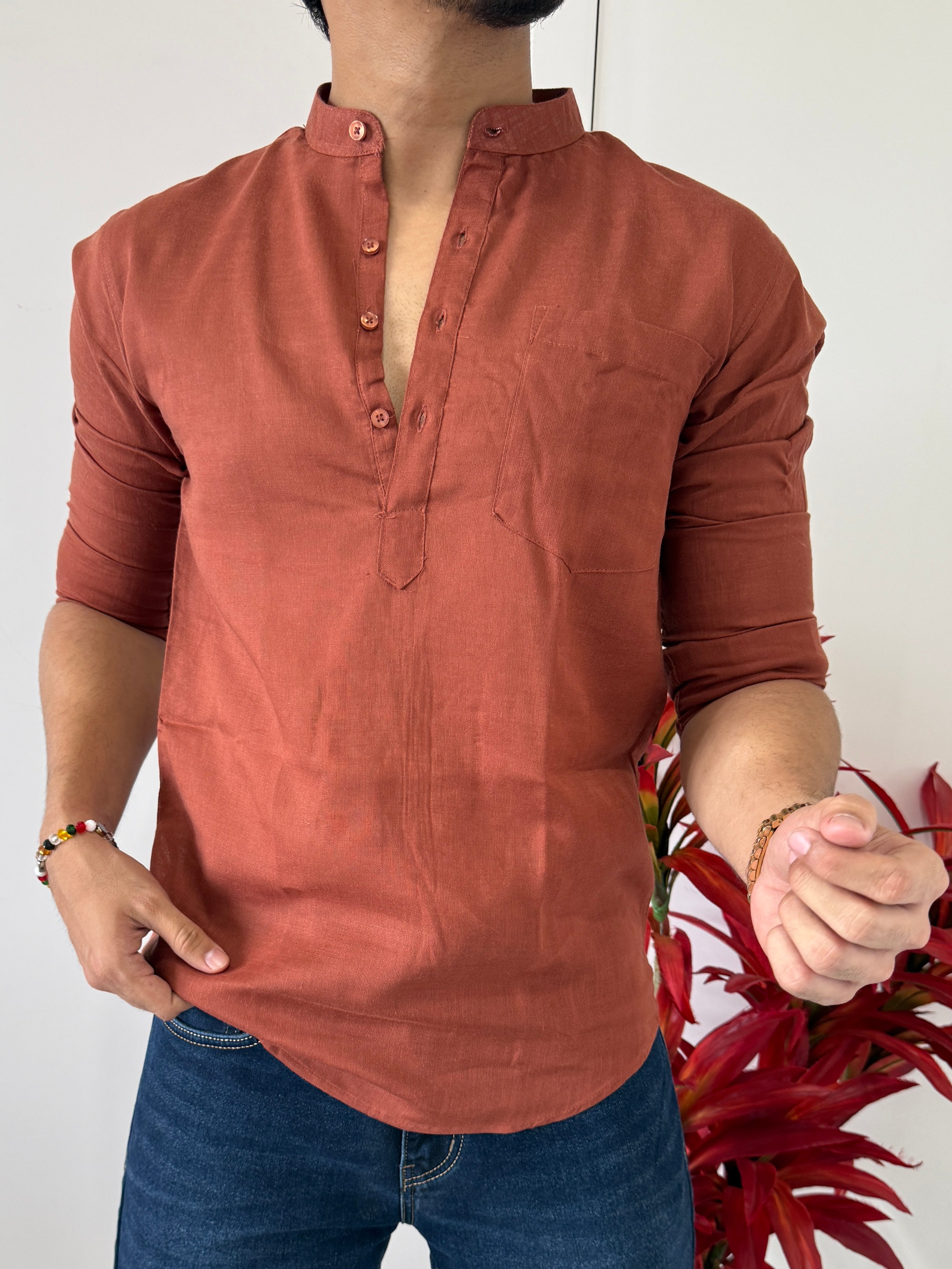 Linen Rust Short Kurta