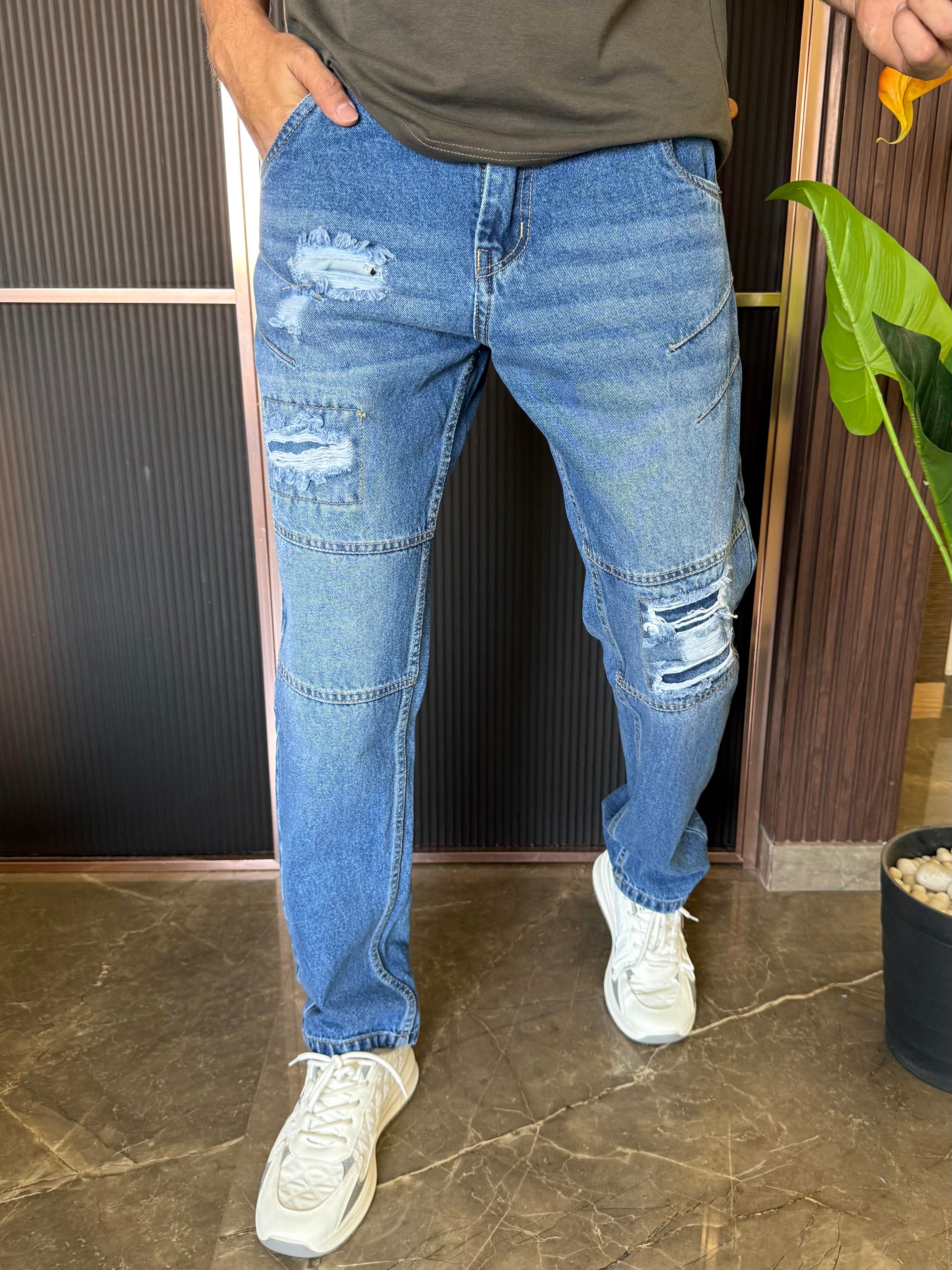 Mom Fit Biker Wornout Mid Blue Jeans