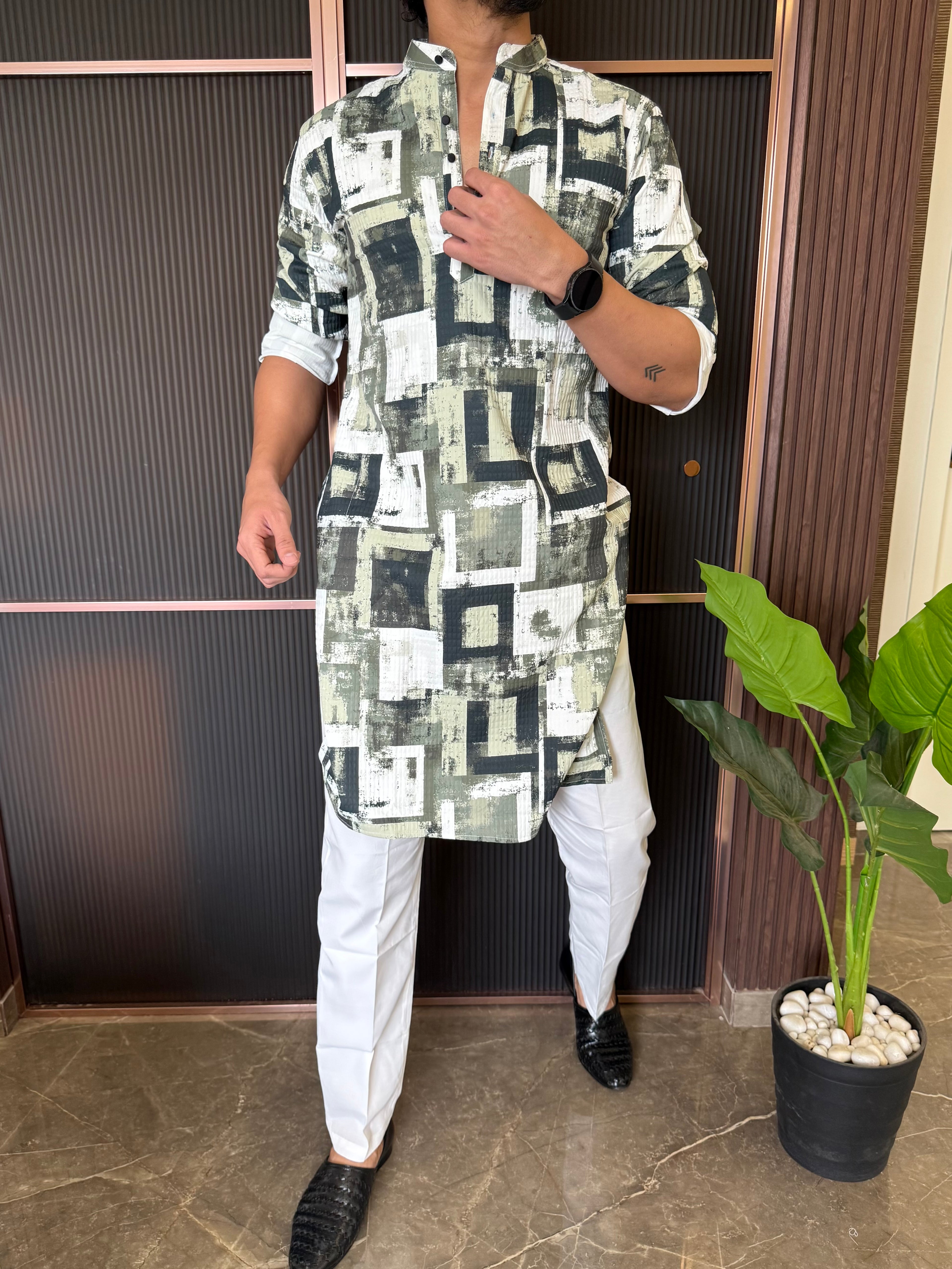 Imported Box Print Green Kurta