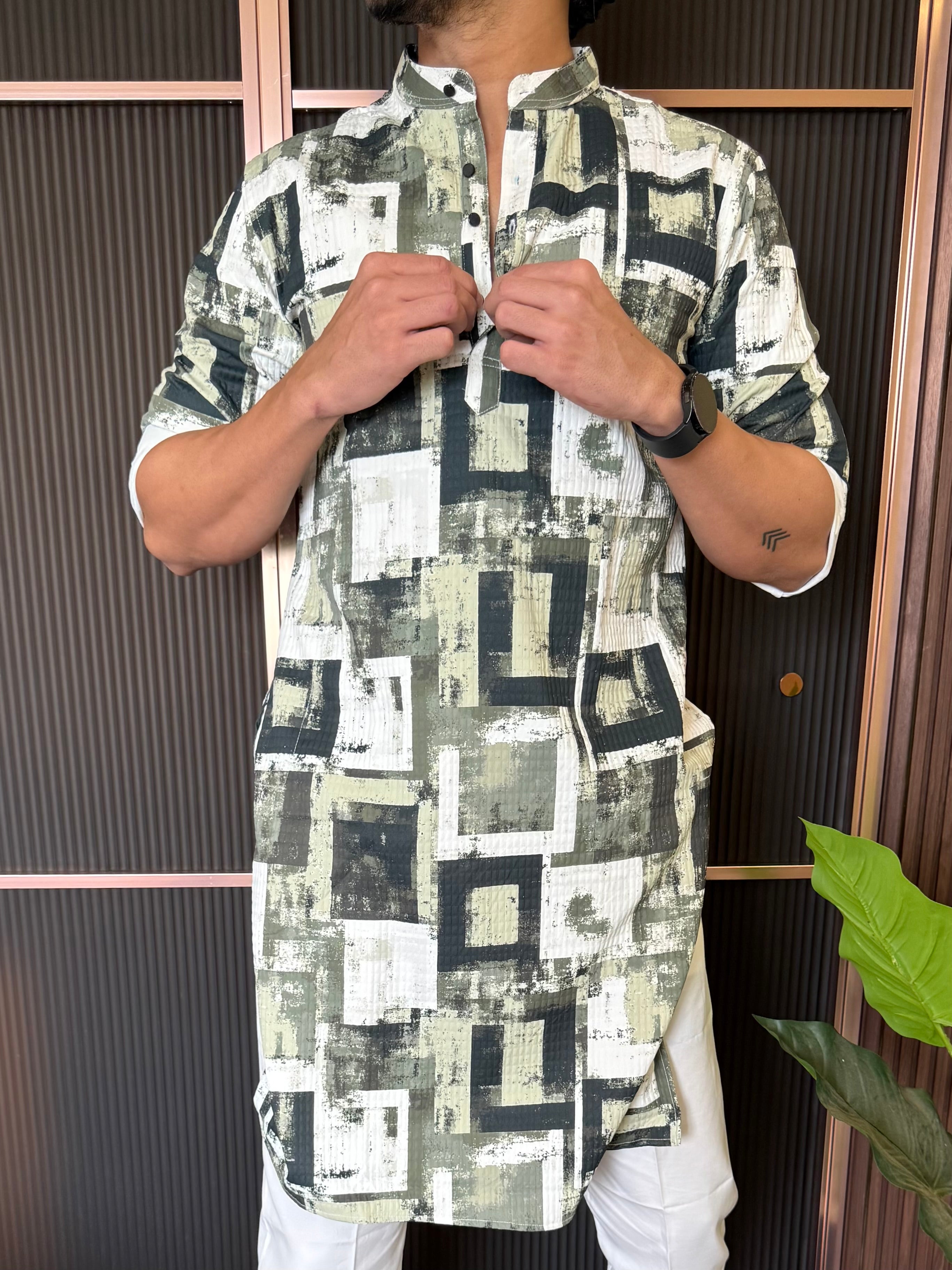 Imported Box Print Green Kurta