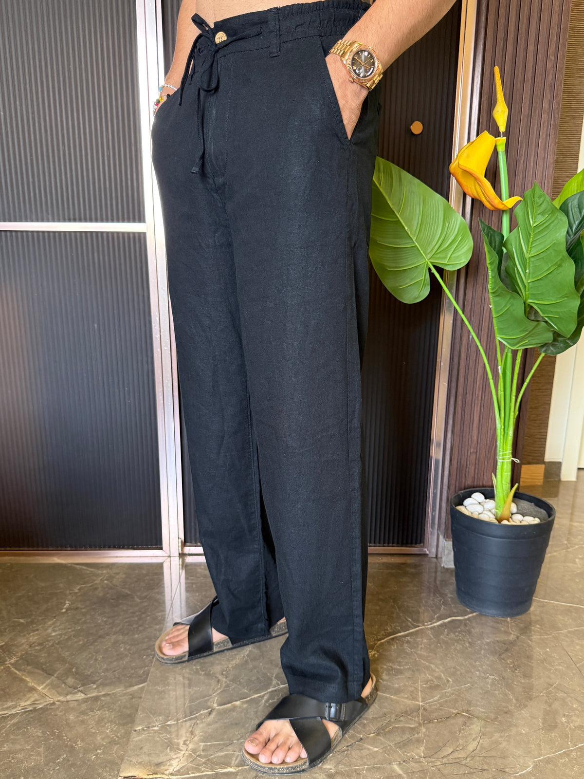 Linen Straight Fit Black Pant