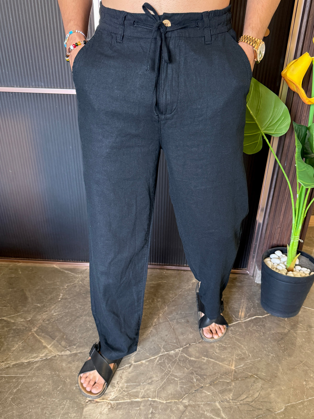 Linen Straight Fit Black Pant