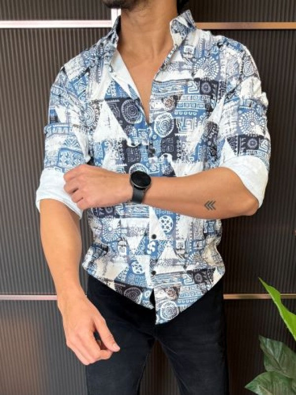 Light Weight Printed 3 Blue Full Sleeve Shirt