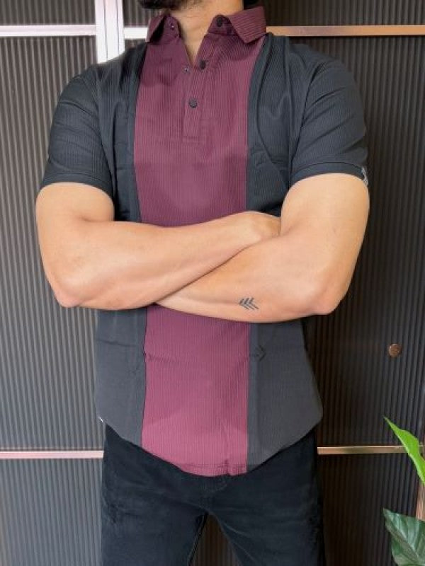 Imported Pannel  Black Maroon Collar Tee