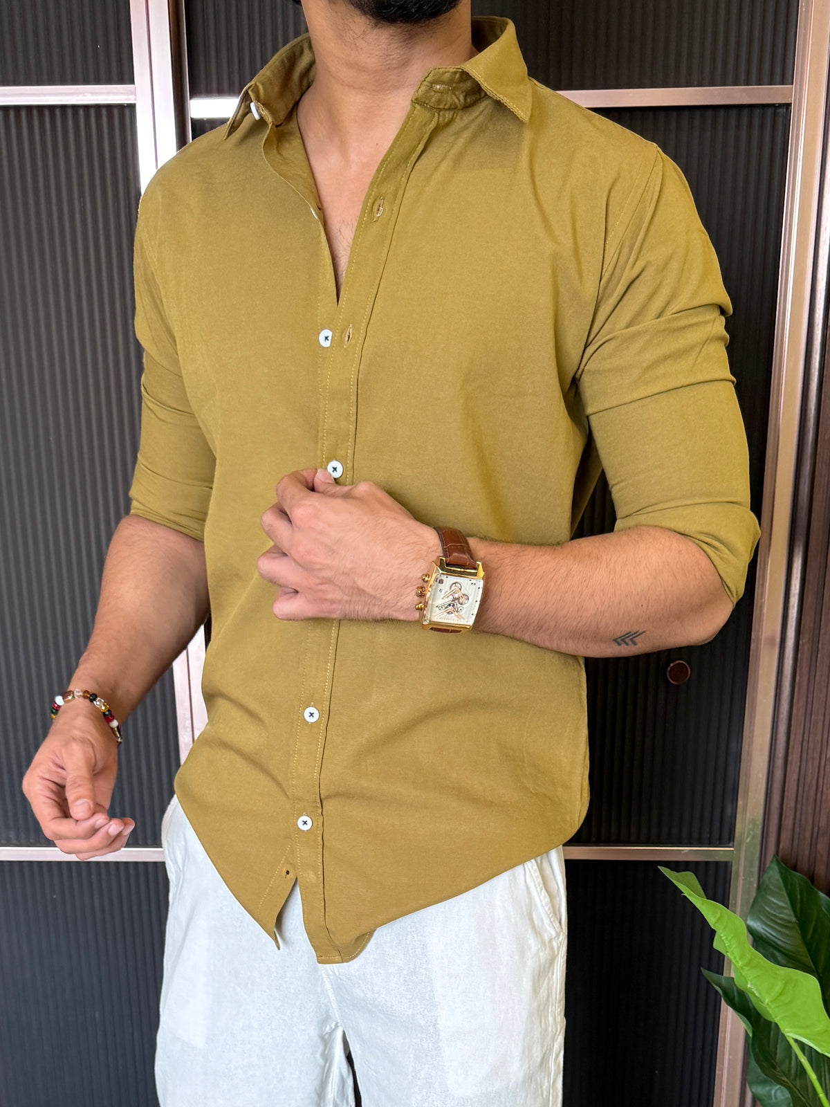 A Pure linen Green Full Shirt