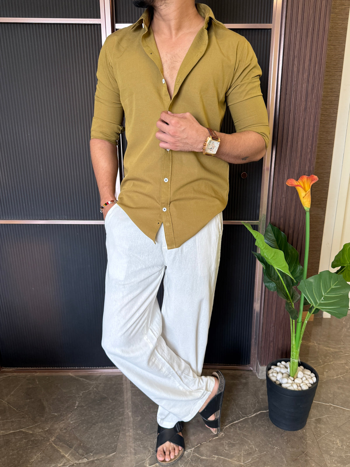 A Pure linen Green Full Shirt