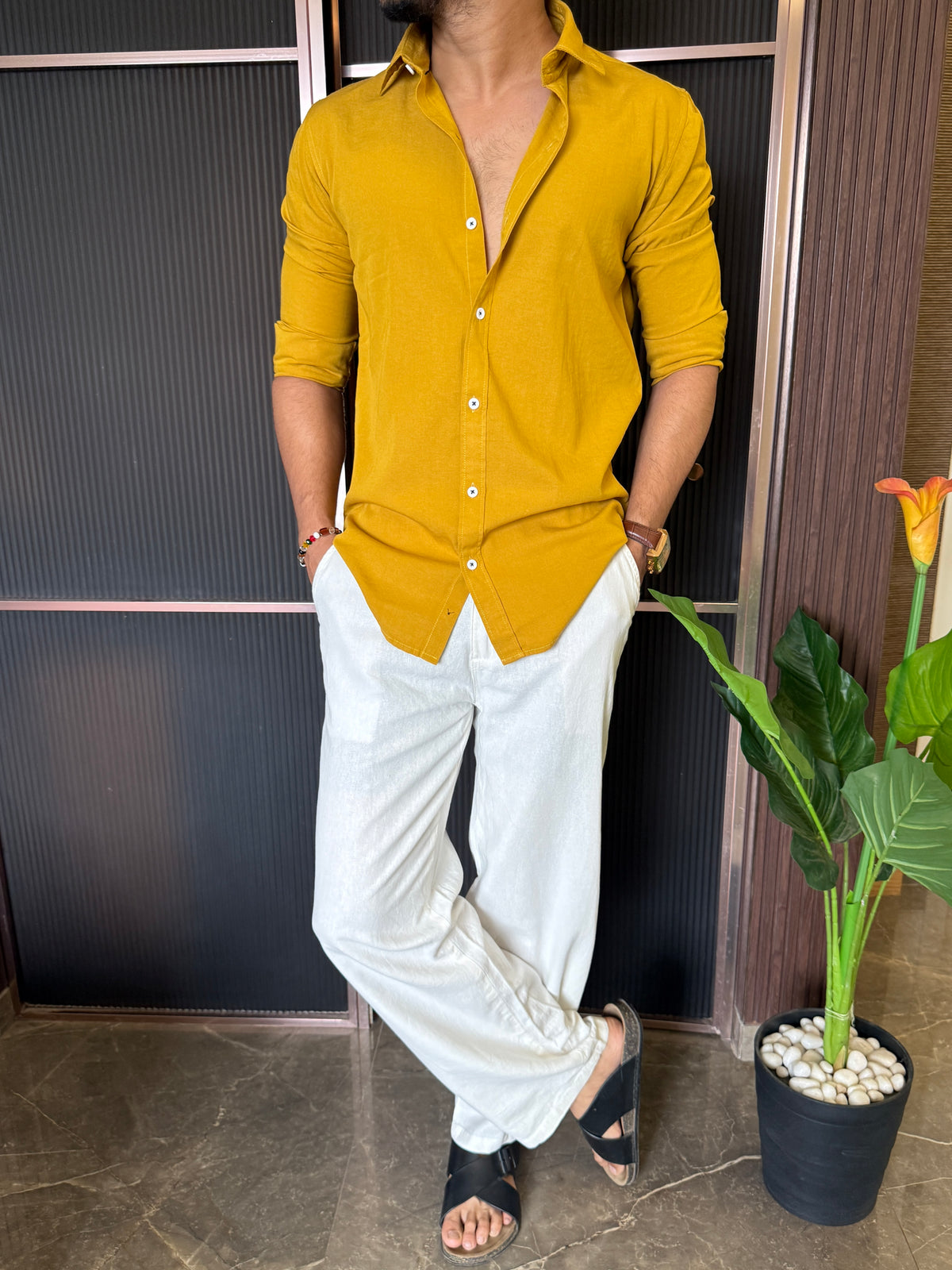 A Pure linen Mustard Full Shirt