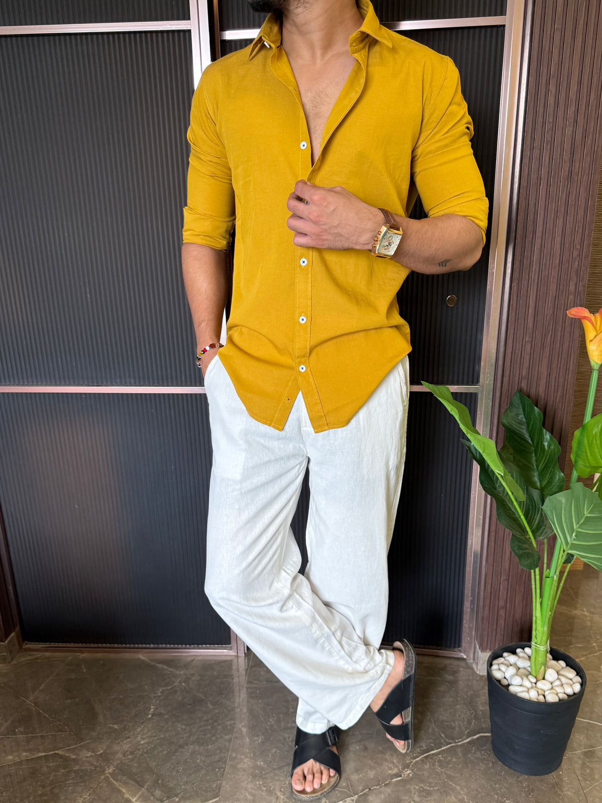 A Pure linen Mustard Full Shirt