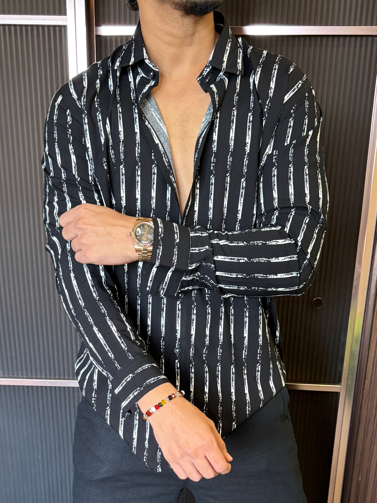 Reyon Vertical stripe Black Full sleeve Shirt