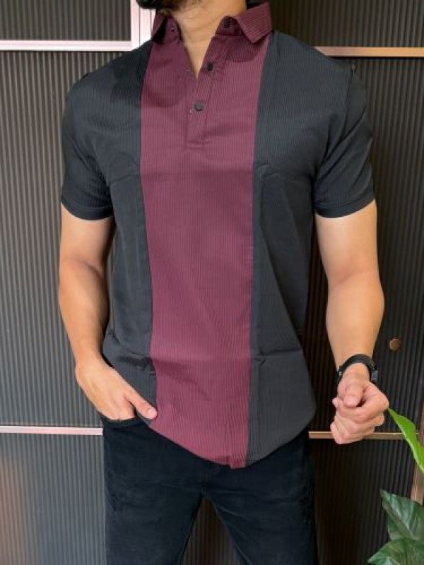 Imported Pannel  Black Maroon Collar Tee