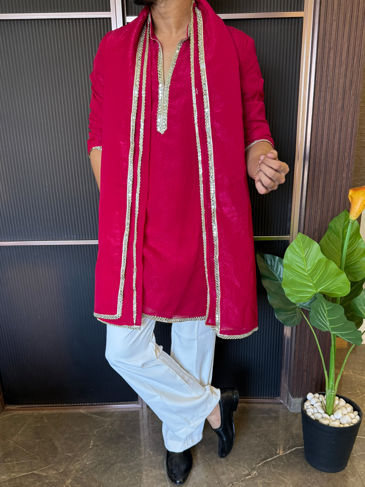 Dupatta Style V neck Pink Kurta