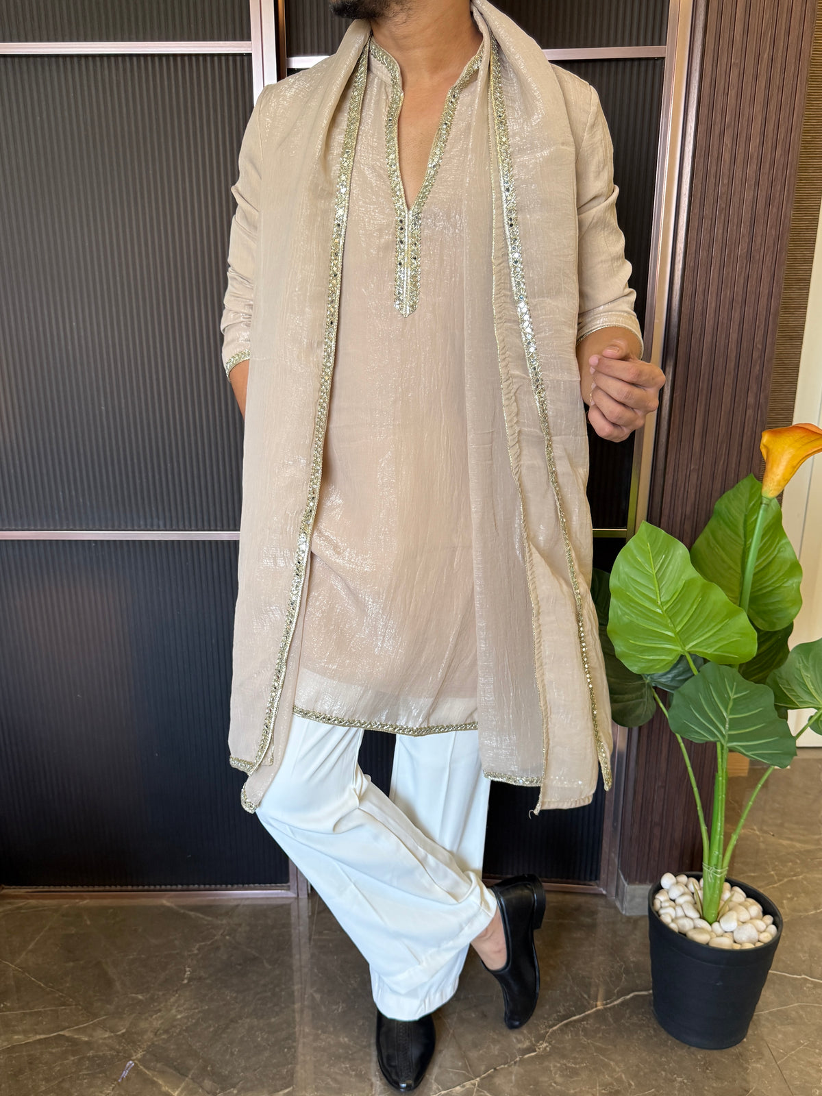 Dupatta Style V neck Sand Kurta